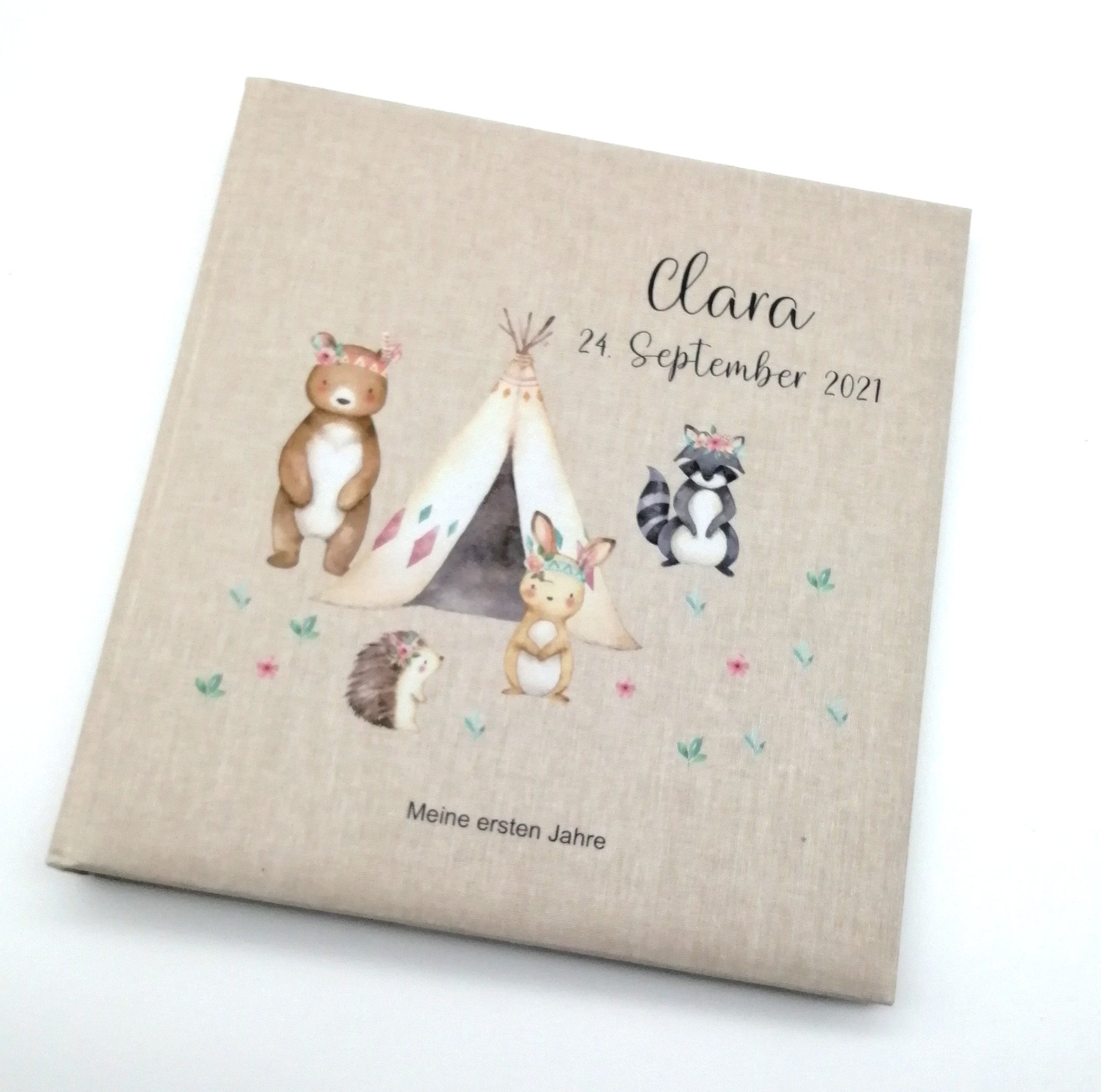 Fotoalbum personalisiert Baby, Kind "Boho Waldtiere" Leinen, Erinnerungsalbum