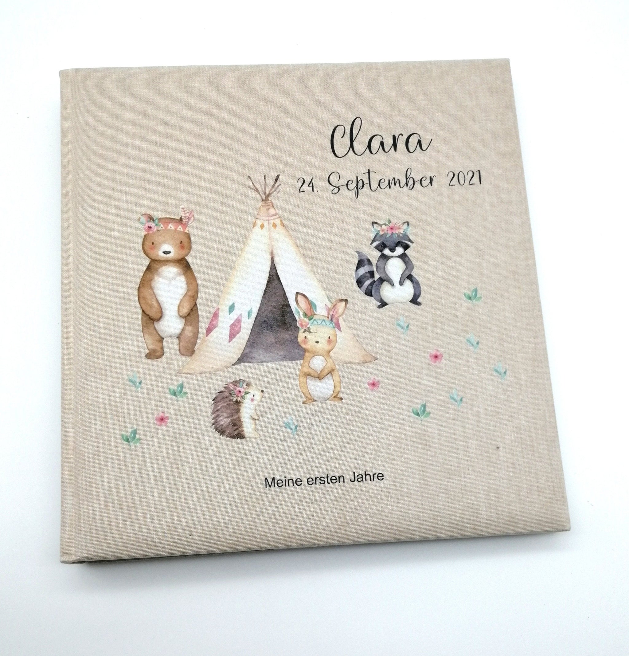 Fotoalbum personalisiert Baby, Kind "Boho Waldtiere" Leinen, Erinnerungsalbum
