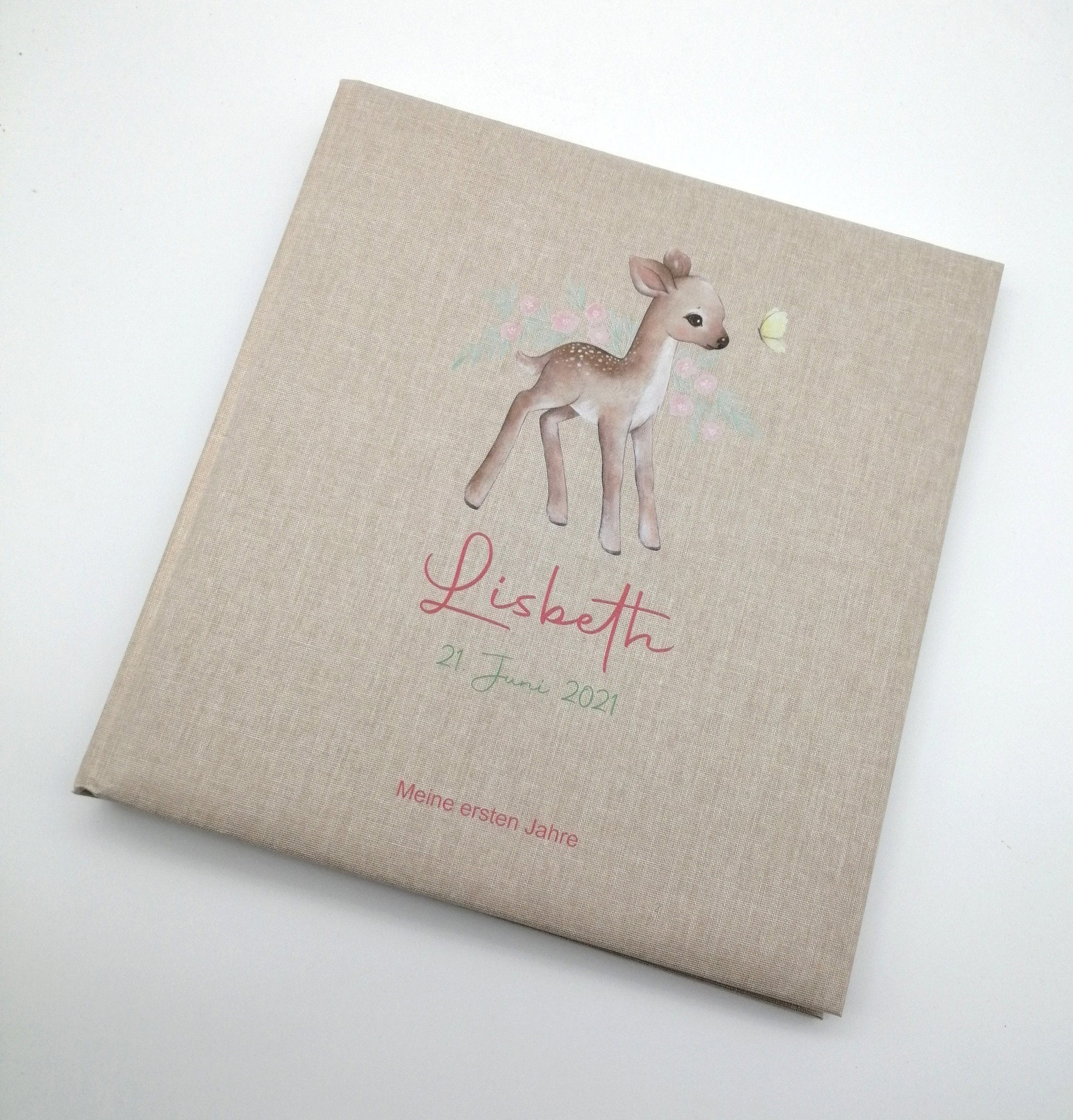 Fotoalbum personalisiert Baby, Kind "Reh" Leinen, Erinnerungsalbum