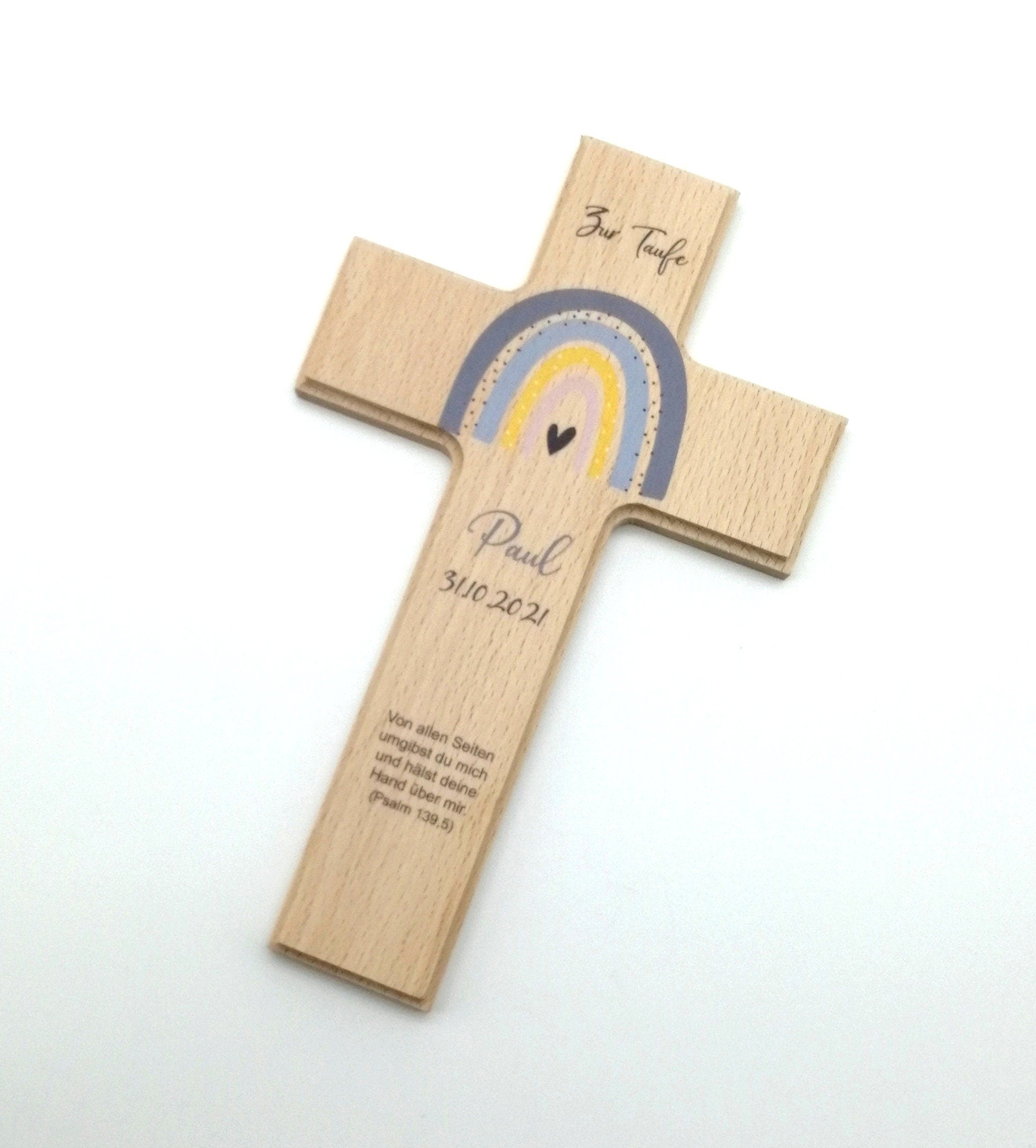 Taufkreuz / Kinderkreuz personalisiert "Regenbogen blau grau" Wandkreuz aus Holz