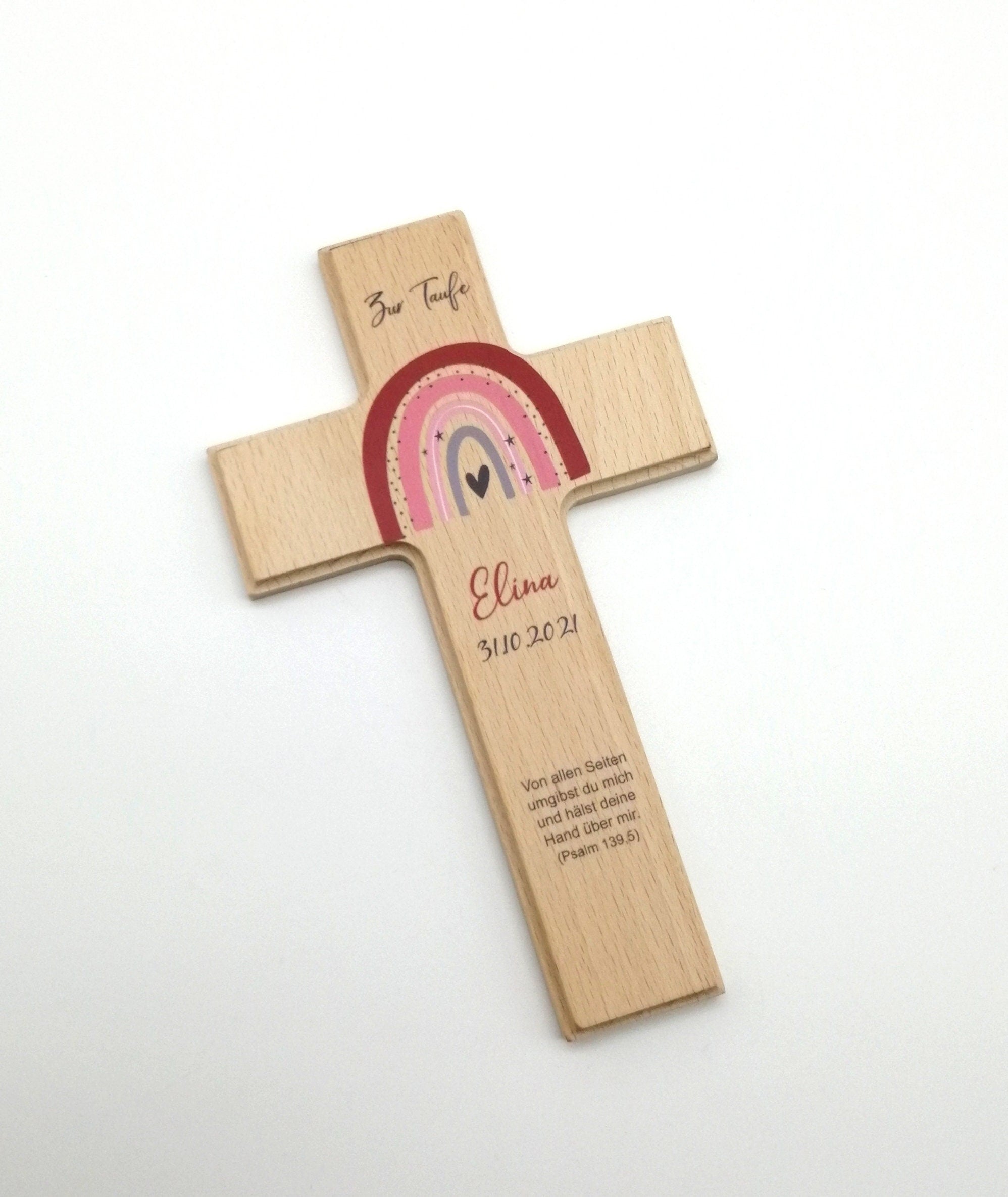 Taufkreuz / Kinderkreuz personalisiert "Regenbogen rot" Wandkreuz aus Holz