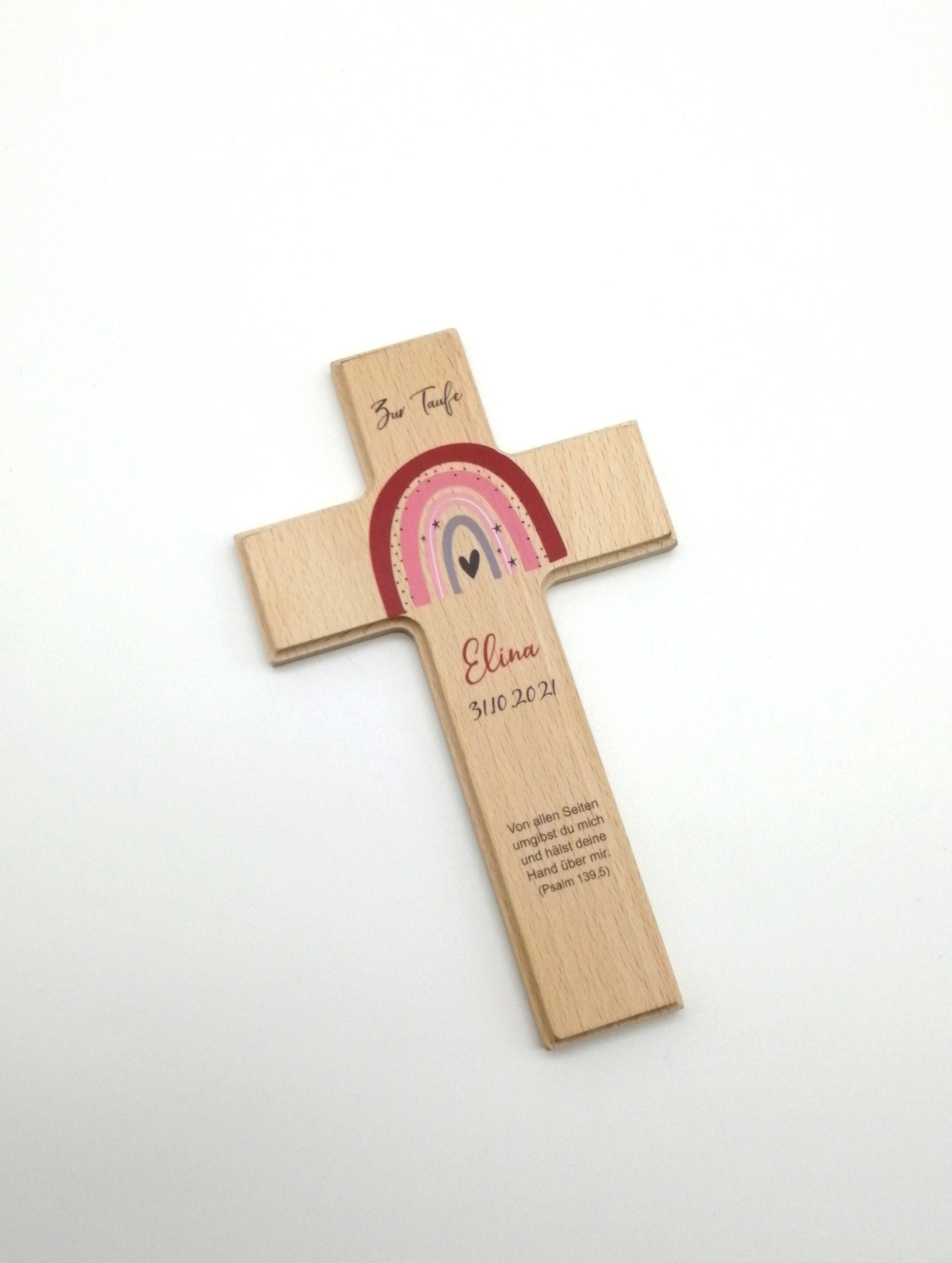 Taufkreuz / Kinderkreuz personalisiert "Regenbogen rot" Wandkreuz aus Holz