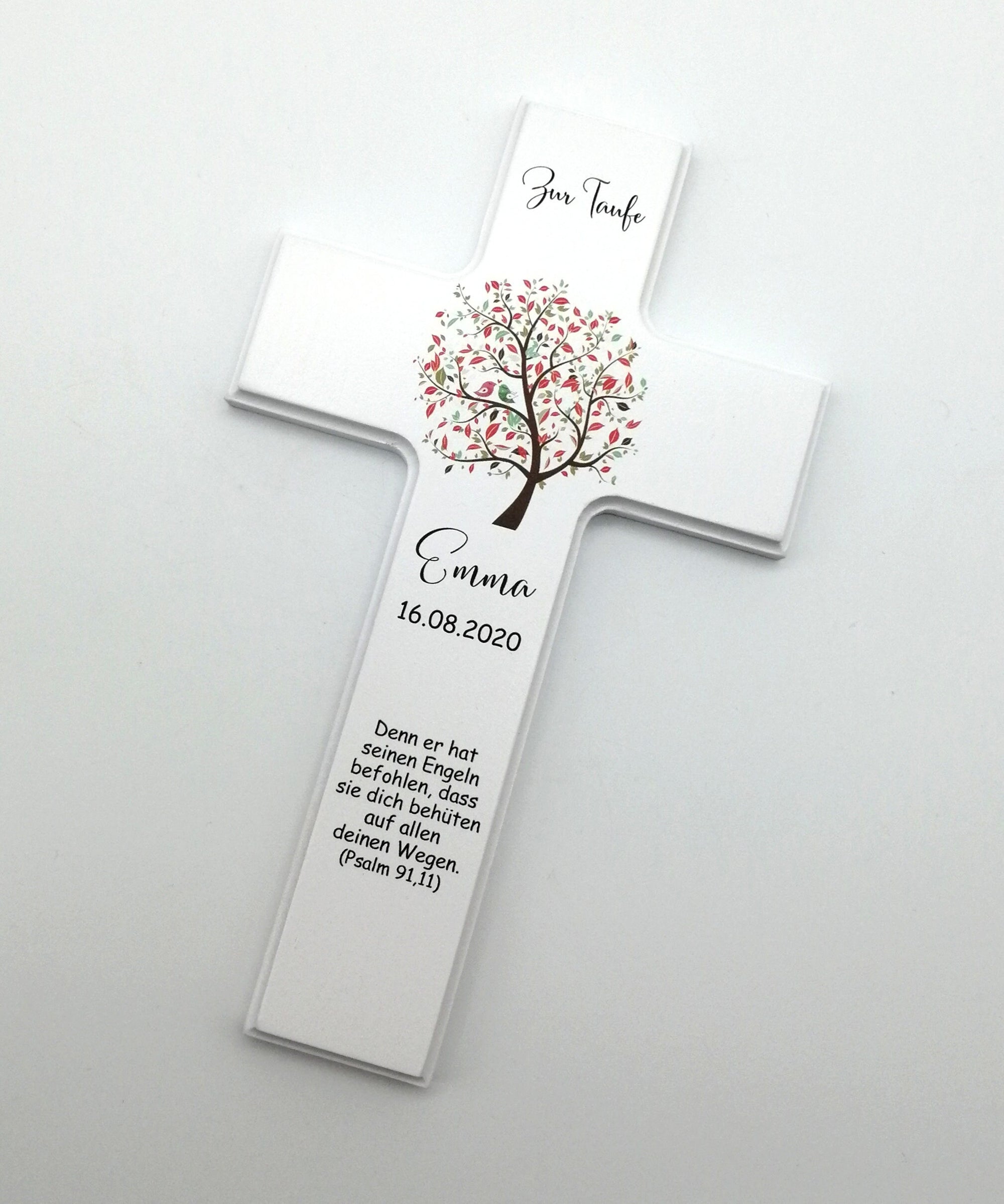 Taufkreuz / Kinderkreuz personalisiert "Baum Vogel rot" Wandkreuz aus Holz