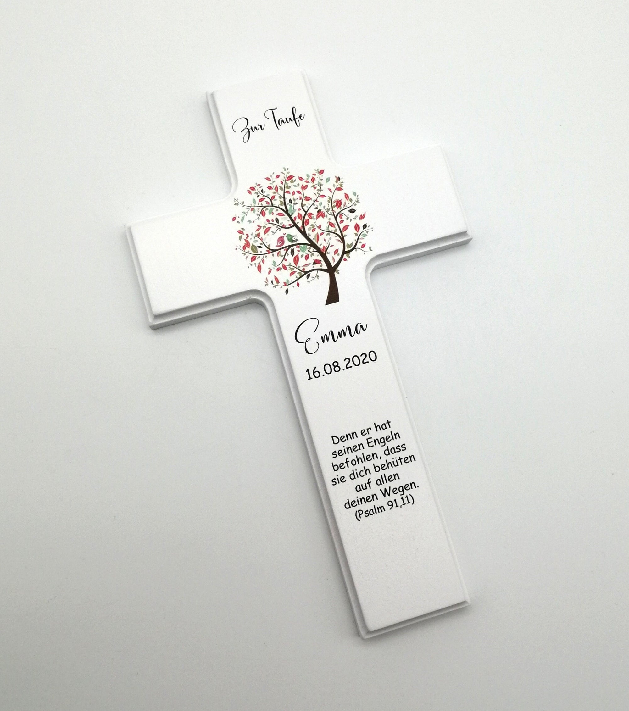 Taufkreuz / Kinderkreuz personalisiert "Baum Vogel rot" Wandkreuz aus Holz