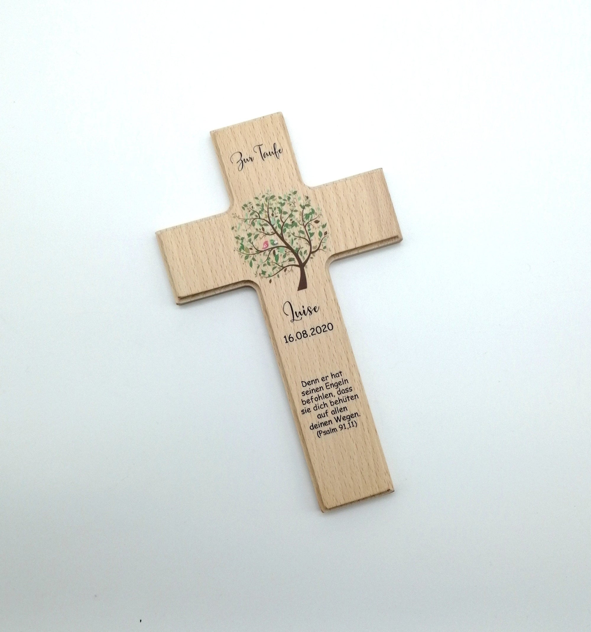 Taufkreuz / Kinderkreuz personalisiert "Baum Vogel grün" Wandkreuz aus Holz, Taufkreuz bedruckt, Kreuz Taufe, Holzkreuz