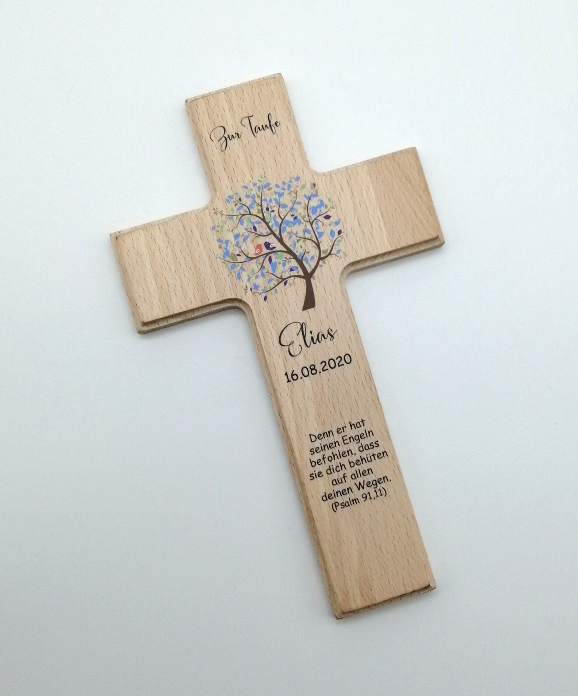 Taufkreuz / Kinderkreuz personalisiert "Baum Vogel blau" Wandkreuz aus Holz