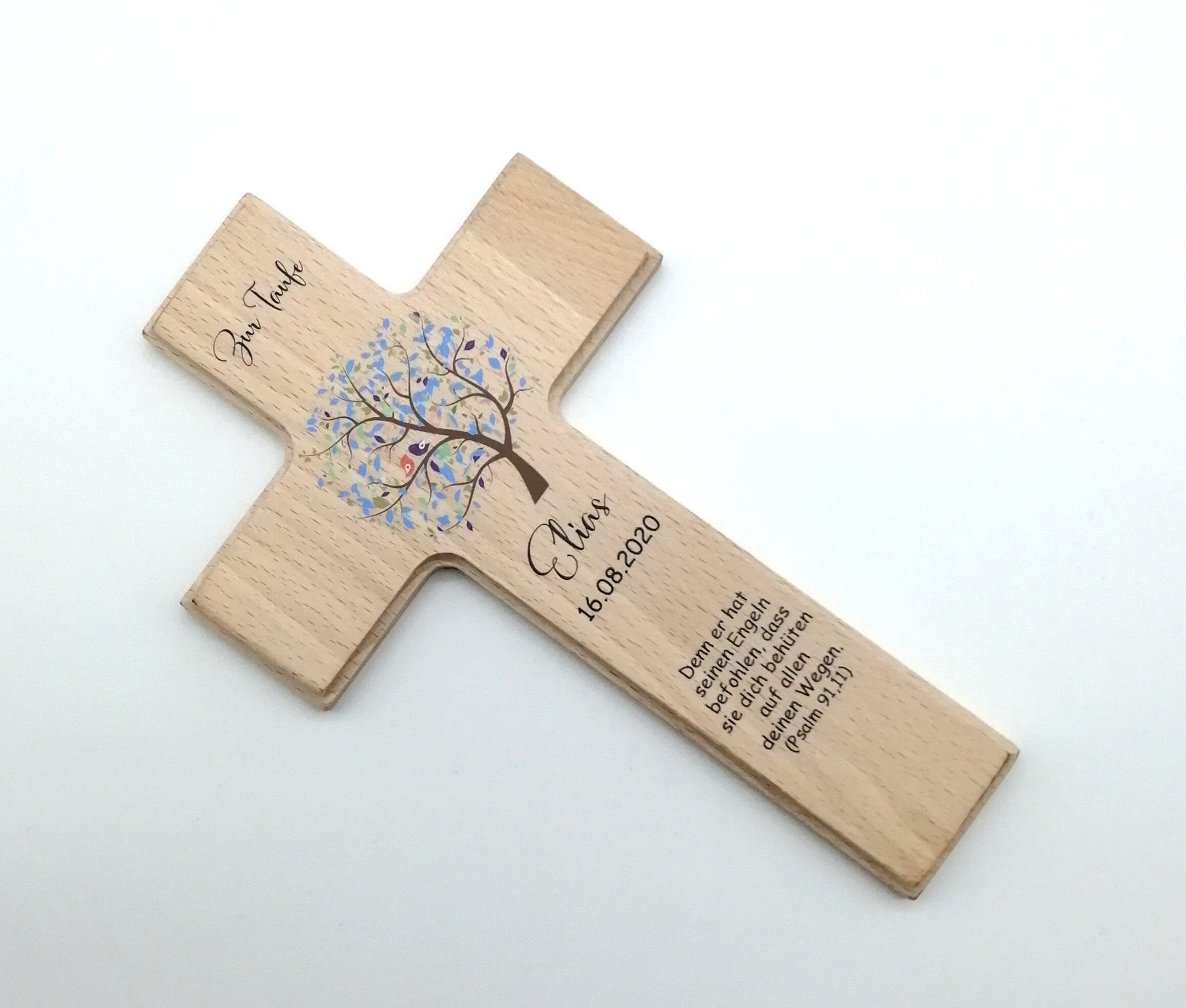 Taufkreuz / Kinderkreuz personalisiert "Baum Vogel blau" Wandkreuz aus Holz