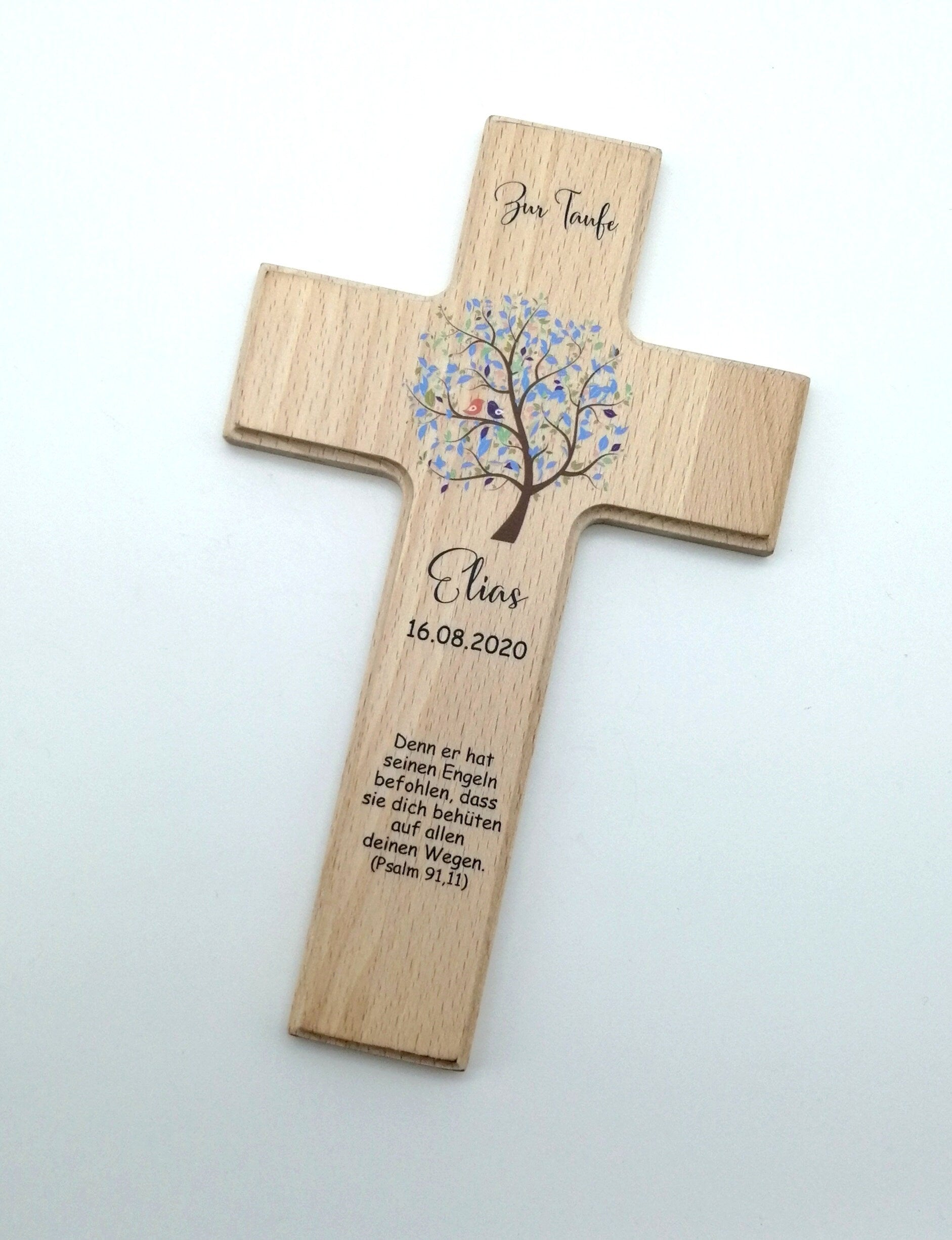 Taufkreuz / Kinderkreuz personalisiert "Baum Vogel blau" Wandkreuz aus Holz