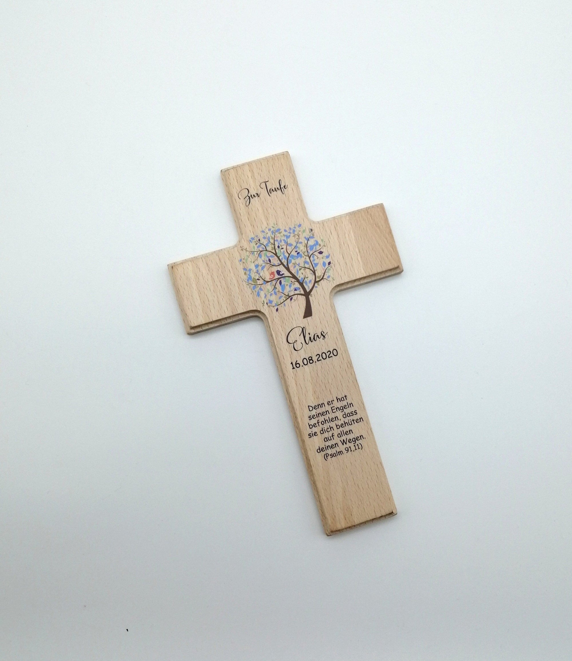 Taufkreuz / Kinderkreuz personalisiert "Baum Vogel blau" Wandkreuz aus Holz