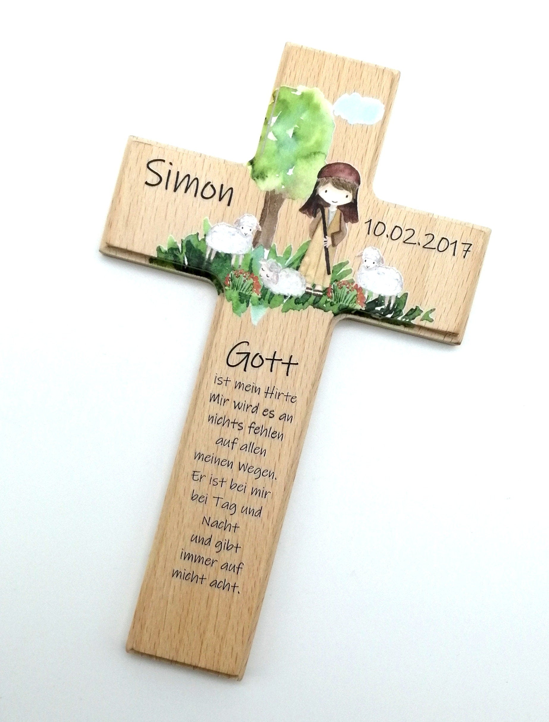 Kinderkreuz / Gebetskreuz personalisiert "Hirte" Wandkreuz aus Holz, Taufkreuz