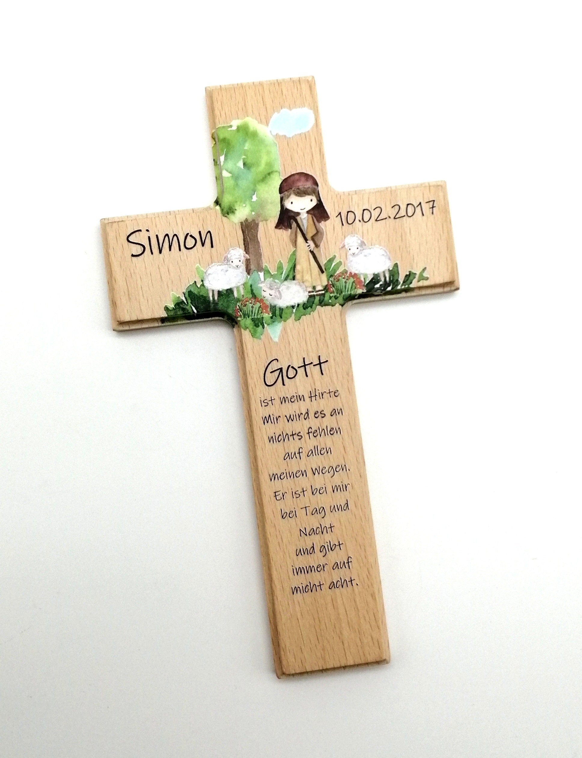 Kinderkreuz / Gebetskreuz personalisiert "Hirte" Wandkreuz aus Holz, Taufkreuz