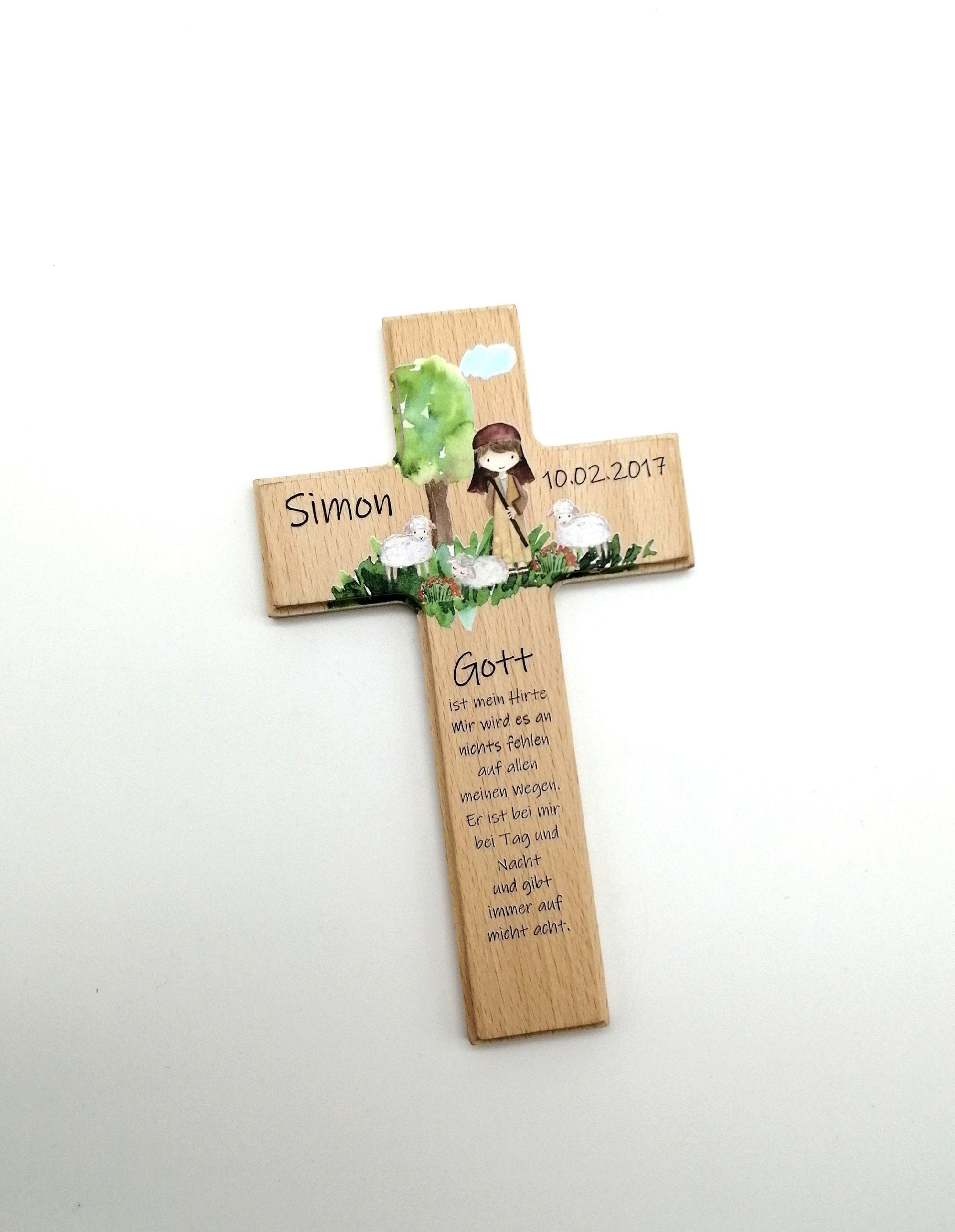 Kinderkreuz / Gebetskreuz personalisiert "Hirte" Wandkreuz aus Holz, Taufkreuz