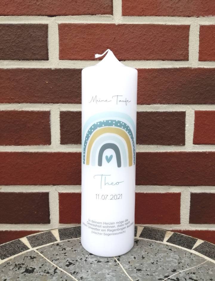 Taufkerze personalisiert mit Namen Datum und Taufspruch "Regenbogen Punkte", Junge/ Mädchen, Taufgeschenke, handgefertigte Taufkerze, Paten