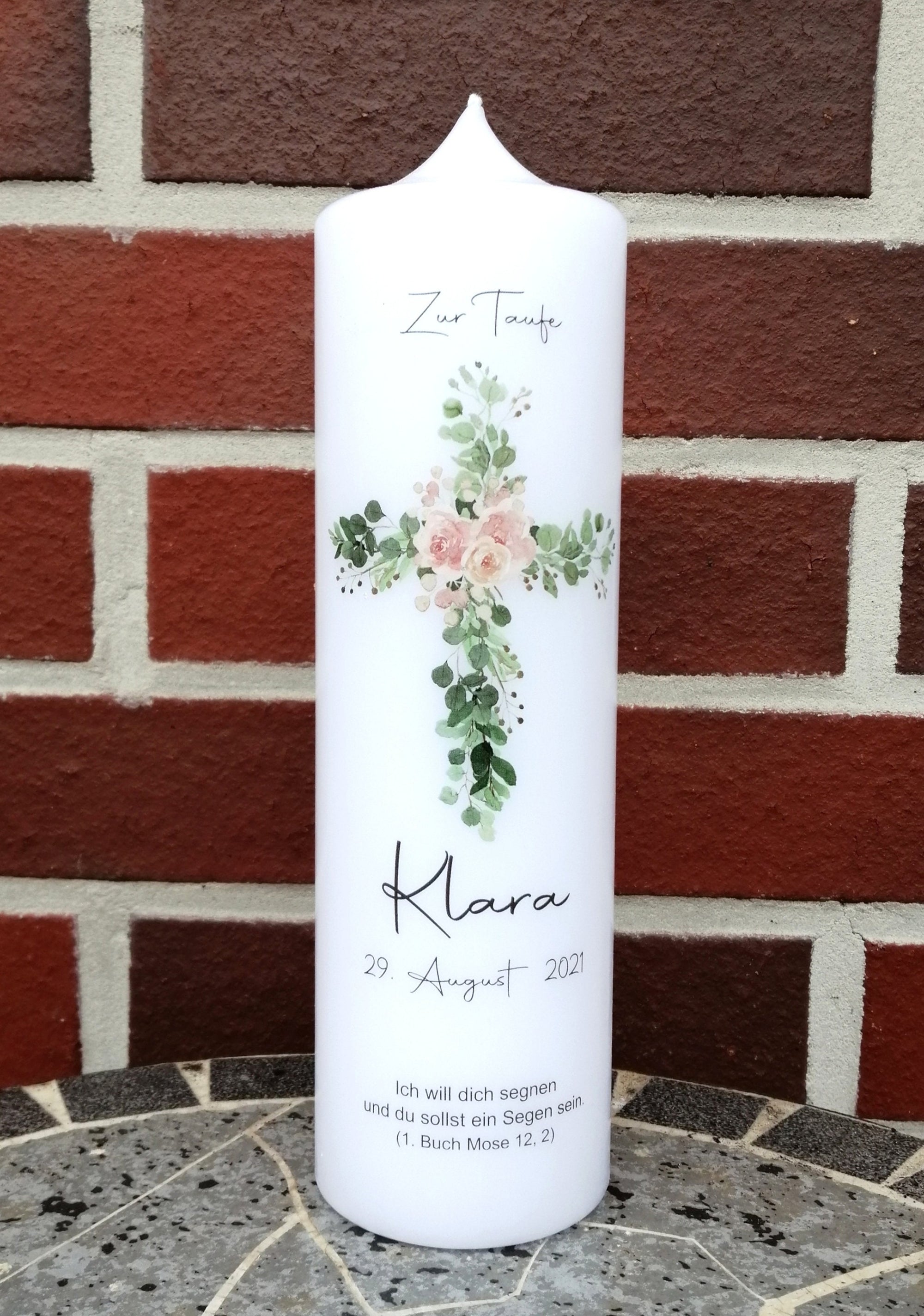 Taufkerze personalisiert mit Namen Datum und Taufspruch "Kreuz floral Blume", Junge/ Mädchen