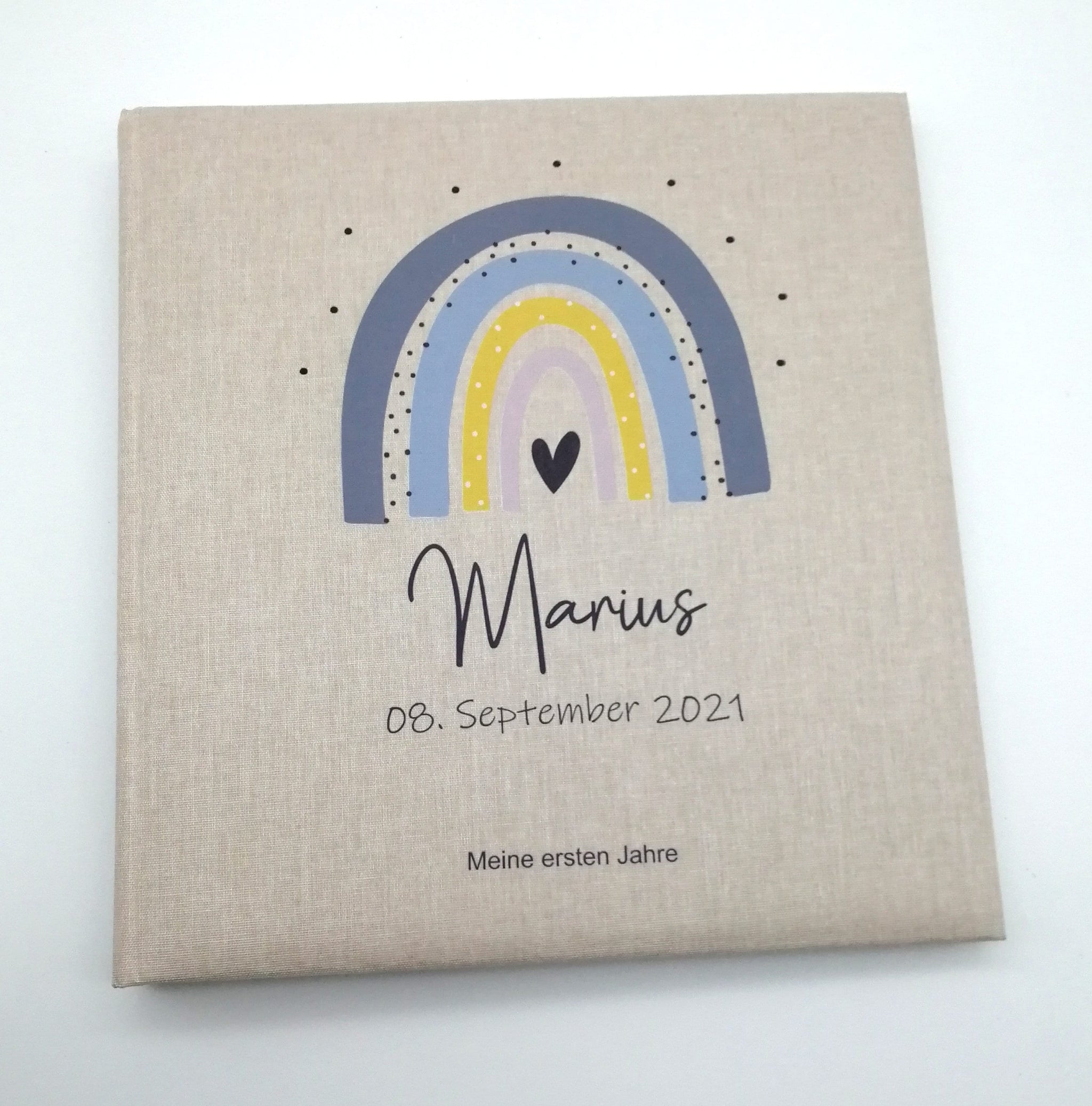 Fotoalbum personalisiert Baby, Kind "Regenbogen blau/grau" Leinen, Erinnerungsalbum, Fotoalbum Regenbogen, Fotobuch für Kinder, Fotobuch
