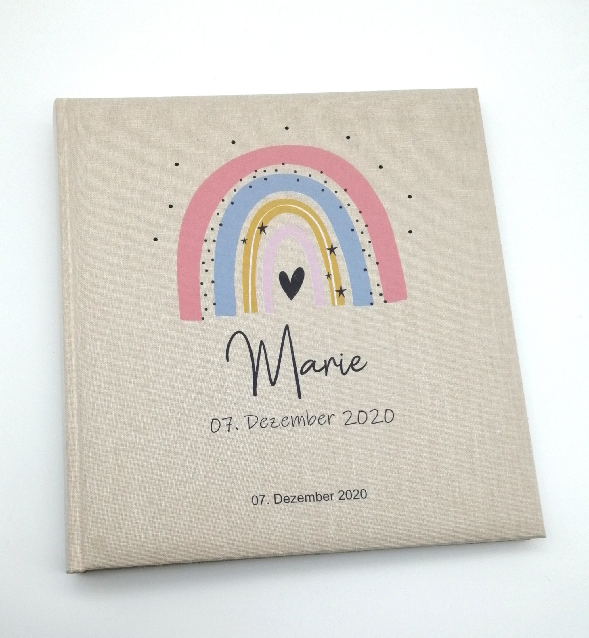 Fotoalbum personalisiert Baby, Kind "Regenbogen pfirsich" Leinen, Erinnerungsalbum
