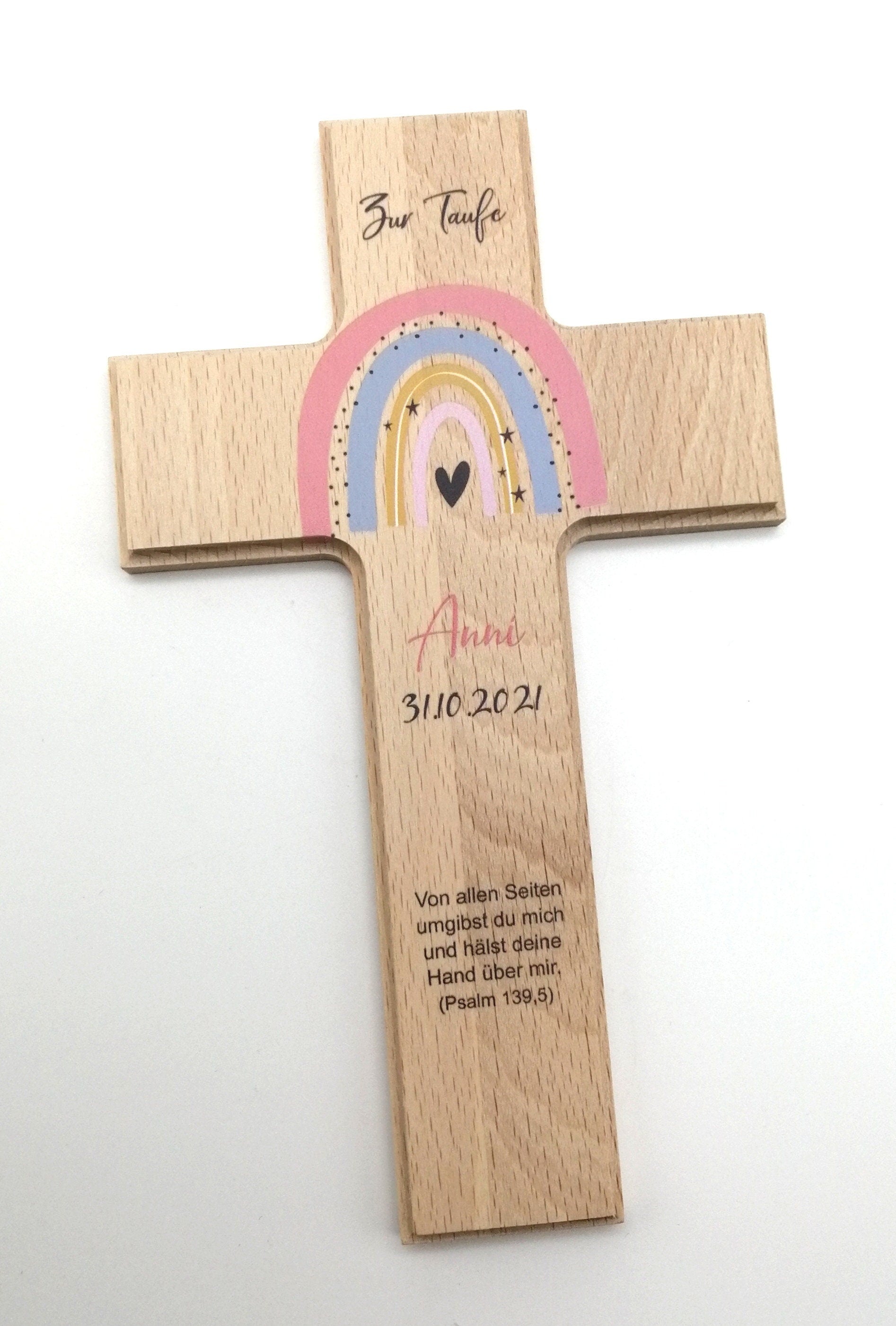 Taufkreuz / Kinderkreuz personalisiert "Regenbogen pfirsich" Wandkreuz aus Holz