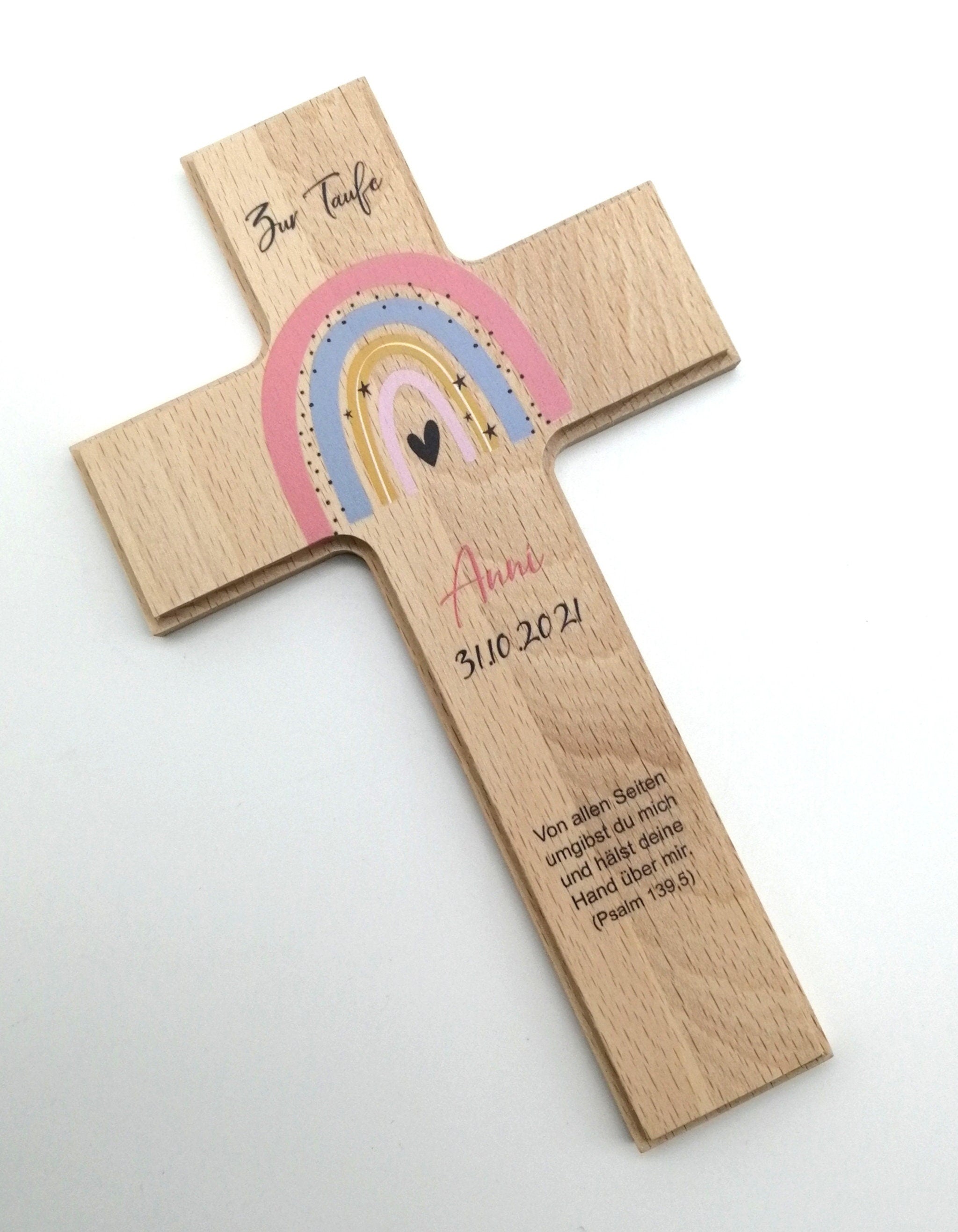 Taufkreuz / Kinderkreuz personalisiert "Regenbogen pfirsich" Wandkreuz aus Holz