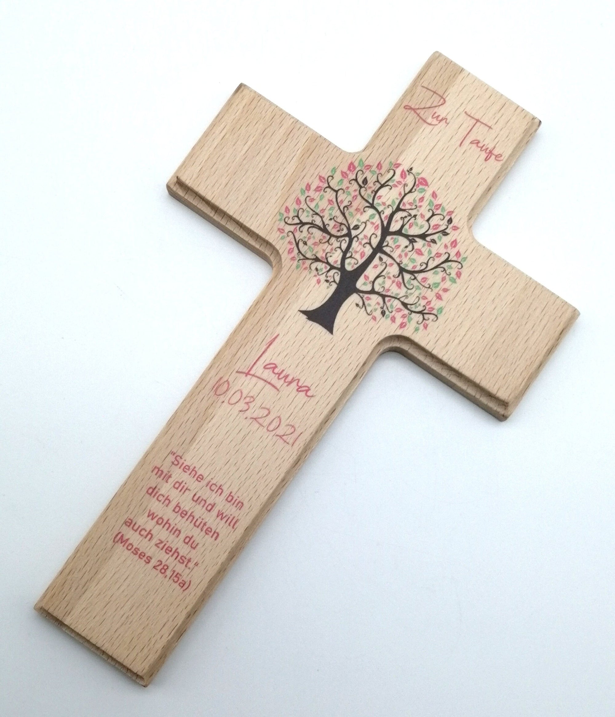 Taufkreuz / Kinderkreuz personalisiert "Baum rosa" Wandkreuz aus Holz