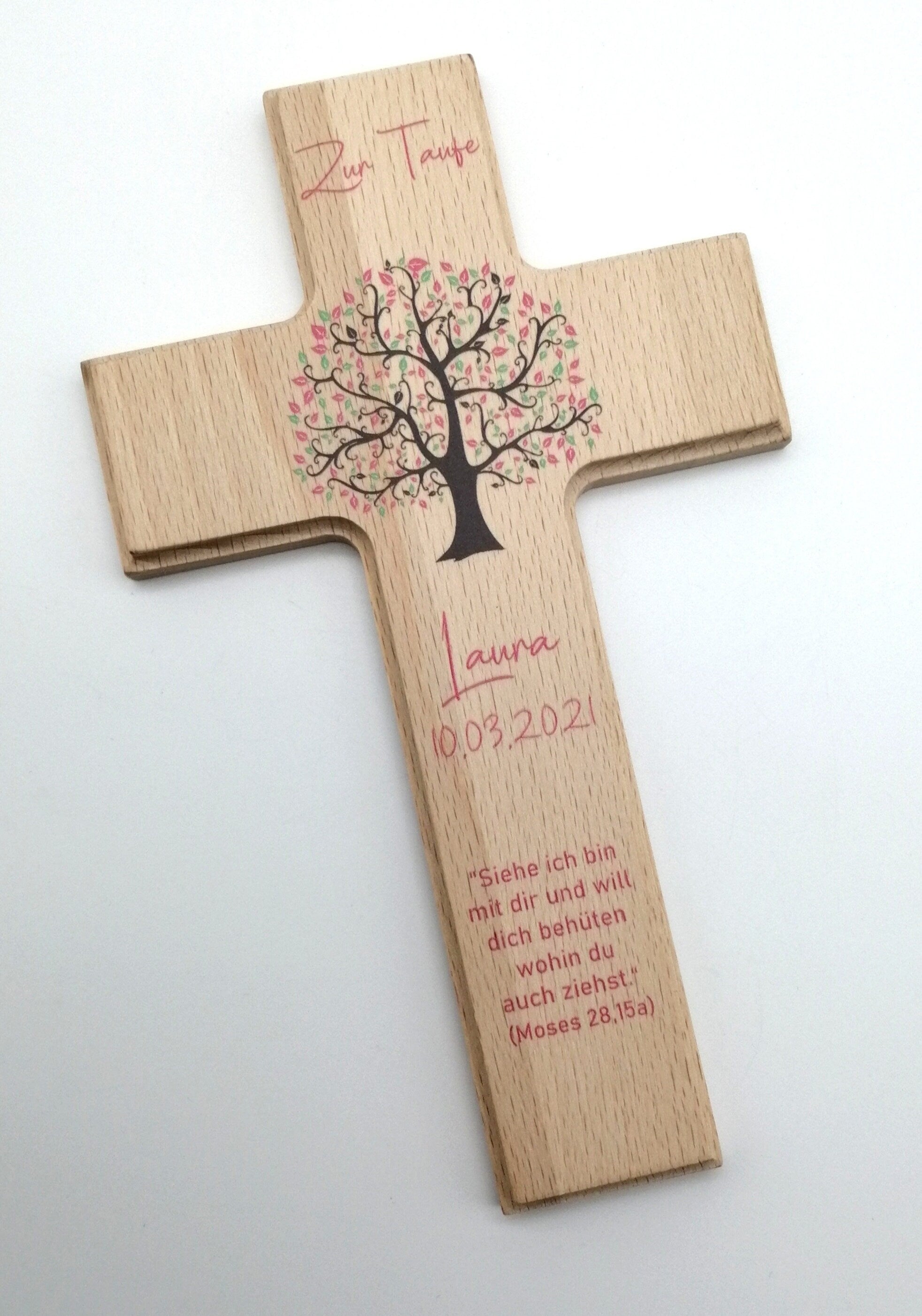 Taufkreuz / Kinderkreuz personalisiert "Baum rosa" Wandkreuz aus Holz