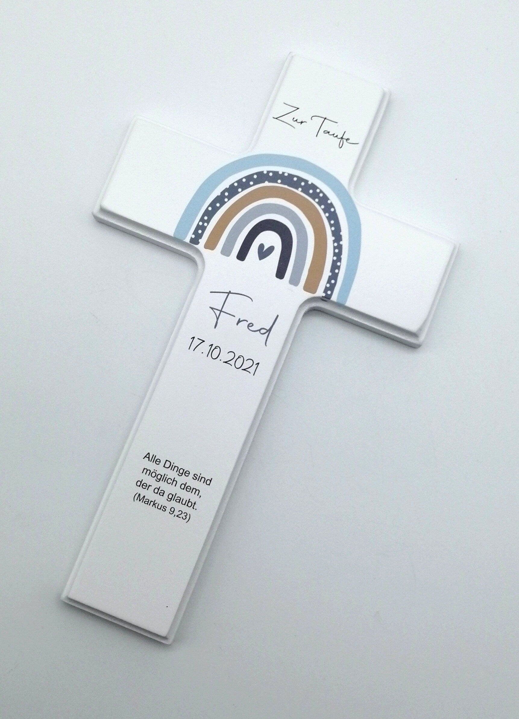 Taufkreuz / Kinderkreuz personalisiert "Regenbogen Punkte" Wandkreuz aus Holz