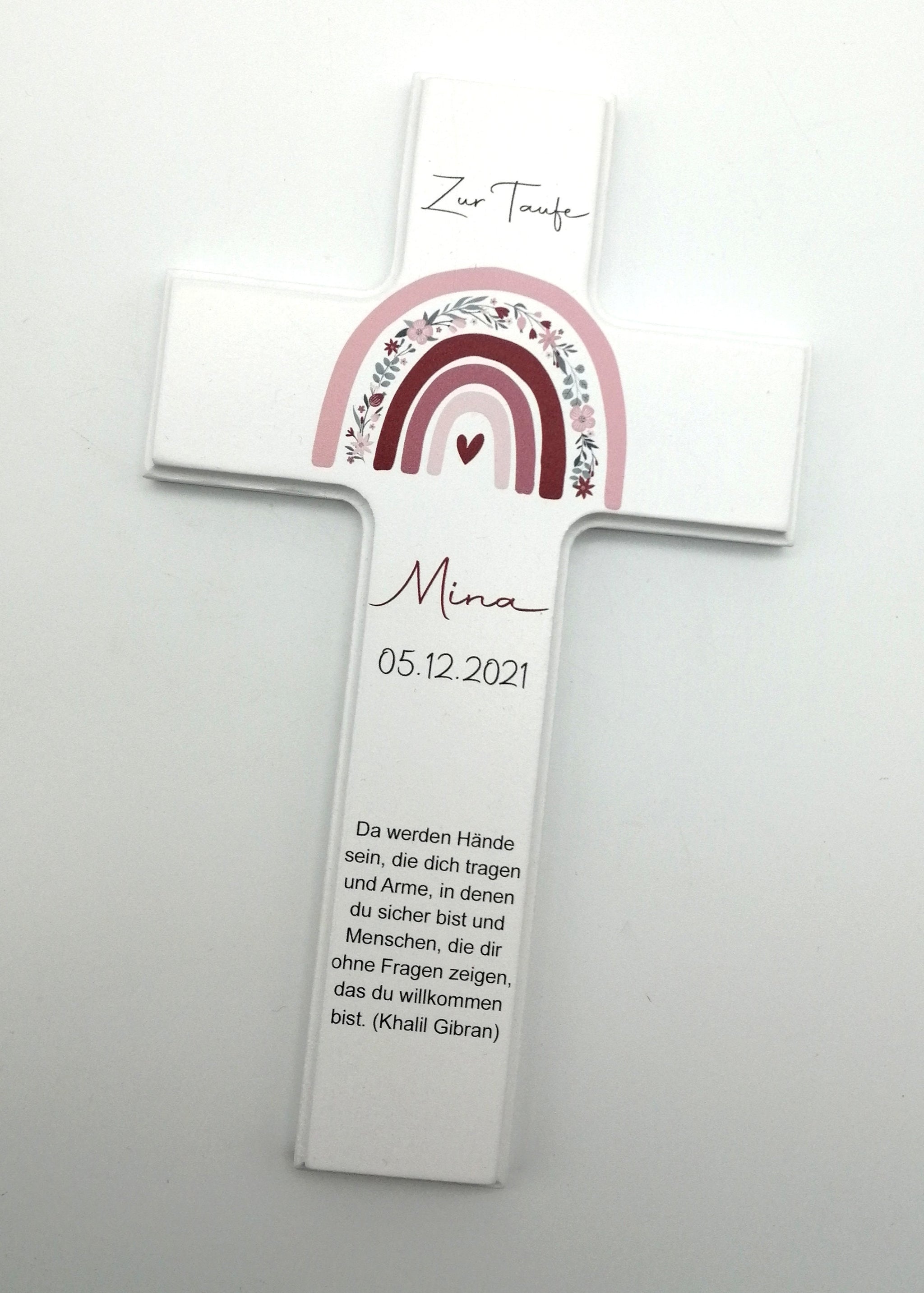 Taufkreuz / Kinderkreuz personalisiert "Regenbogen Blumen" Wandkreuz aus Holz, personalisiertes Taufkreuz, Geschenk zur Taufe, Holzkreuz