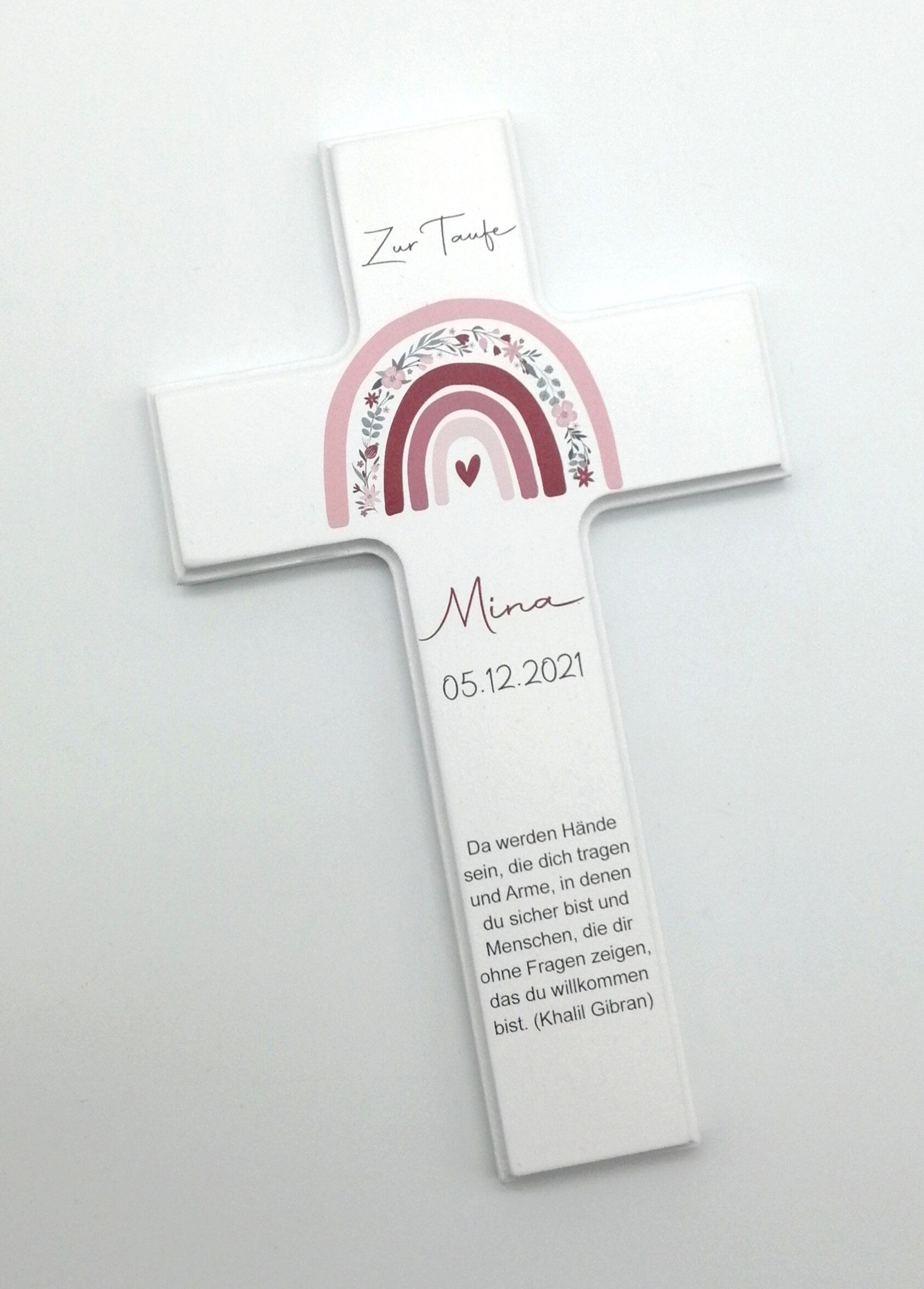 Taufkreuz / Kinderkreuz personalisiert "Regenbogen Blumen" Wandkreuz aus Holz, personalisiertes Taufkreuz, Geschenk zur Taufe, Holzkreuz