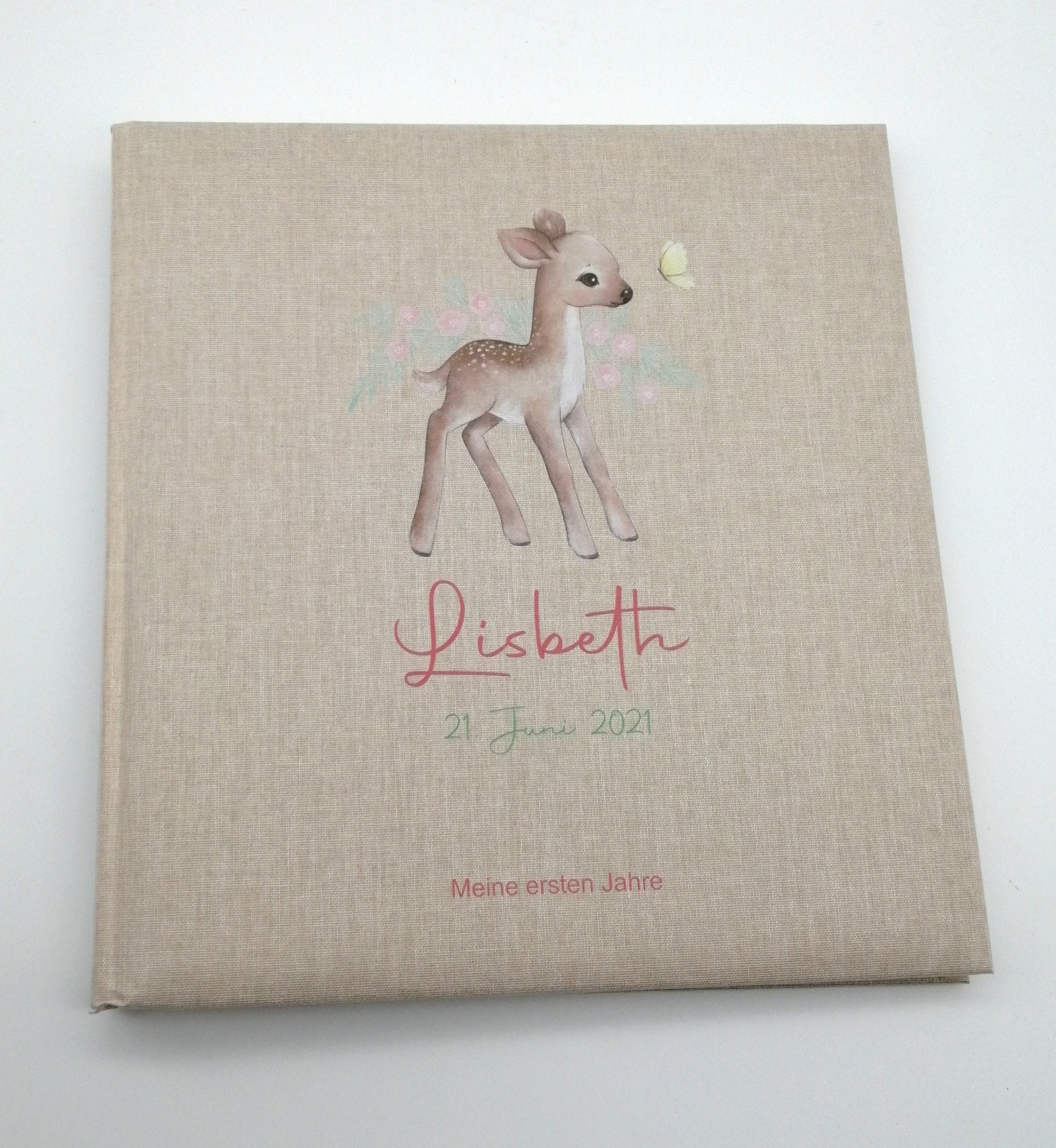 Fotoalbum personalisiert Baby, Kind "Reh" Leinen, Erinnerungsalbum