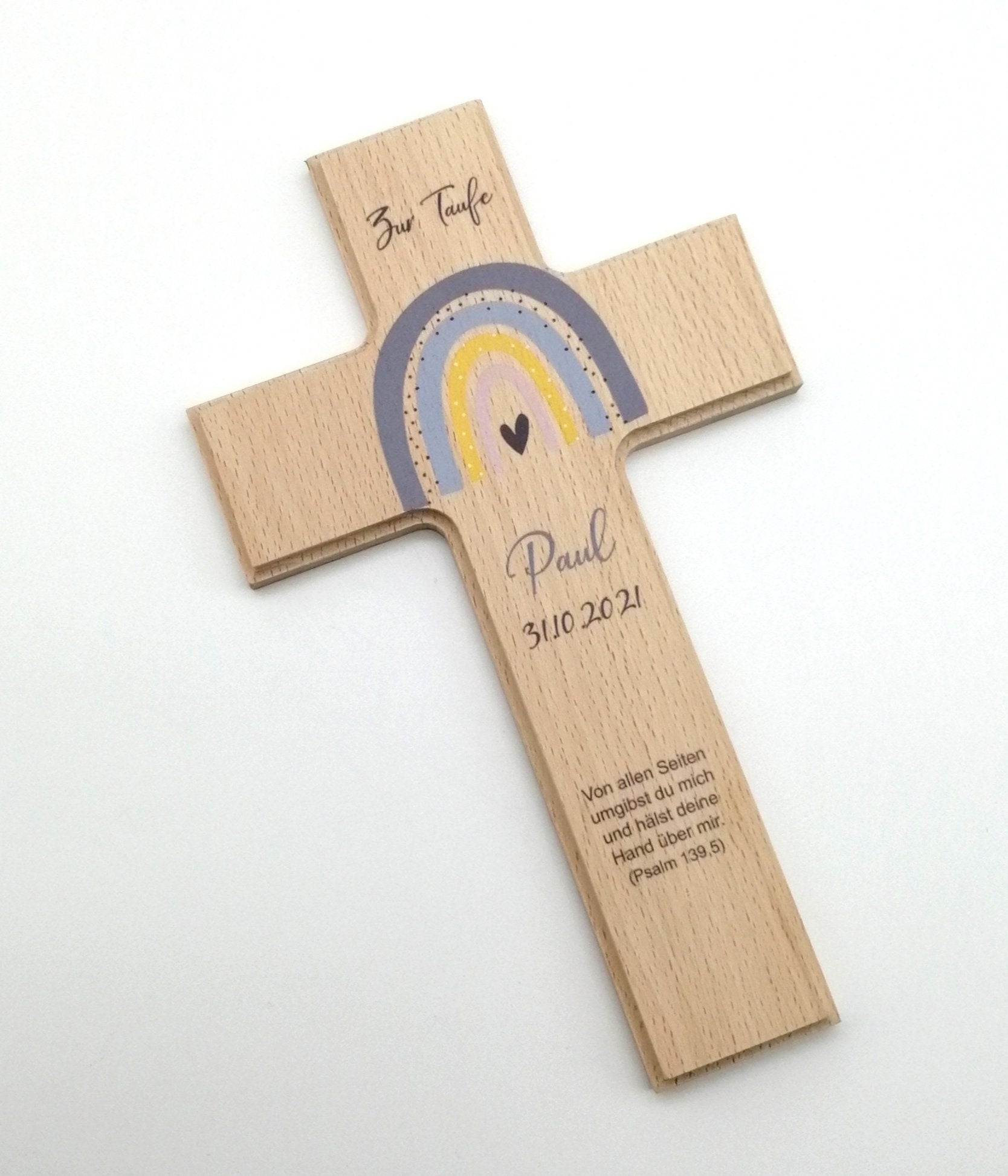 Taufkreuz / Kinderkreuz personalisiert "Regenbogen blau grau" Wandkreuz aus Holz