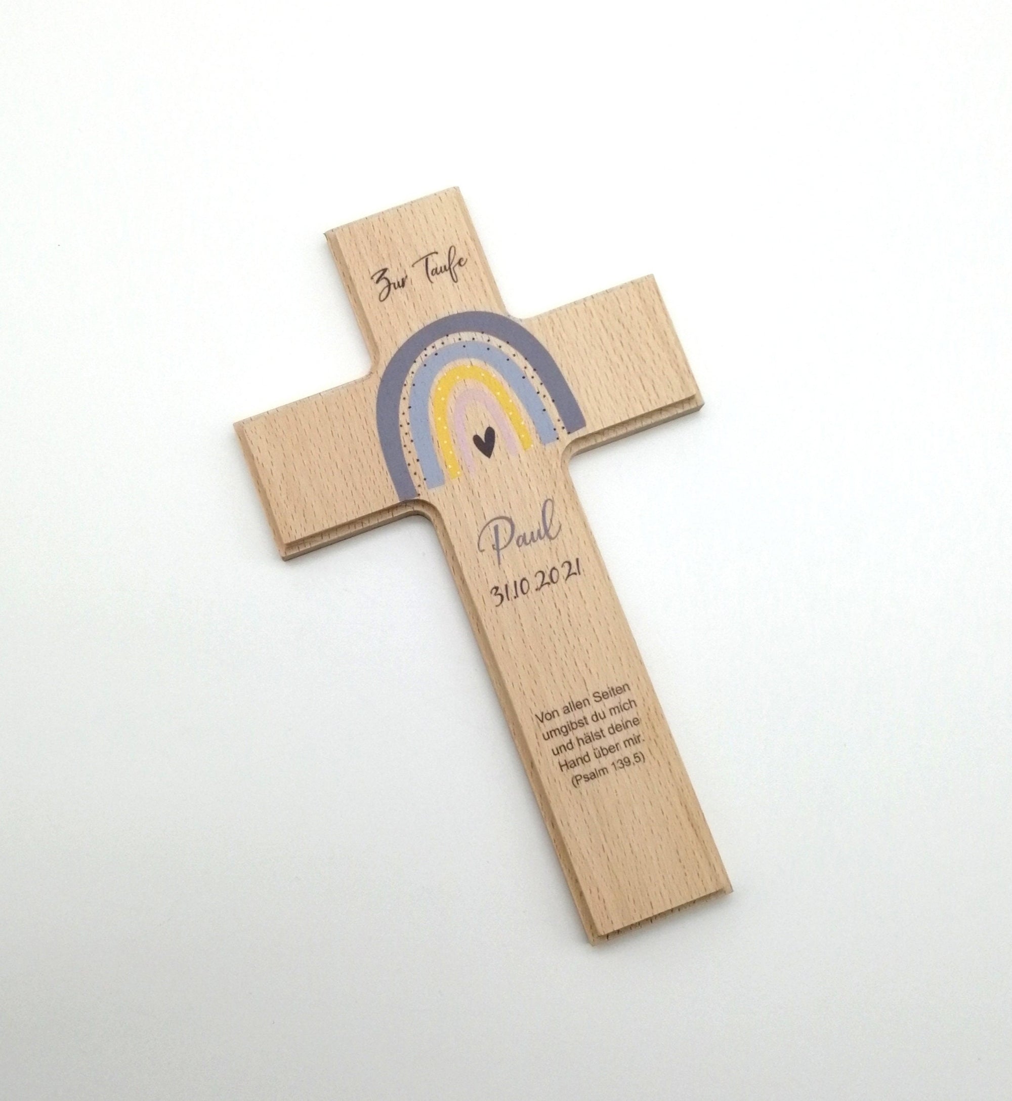 Taufkreuz / Kinderkreuz personalisiert "Regenbogen blau grau" Wandkreuz aus Holz