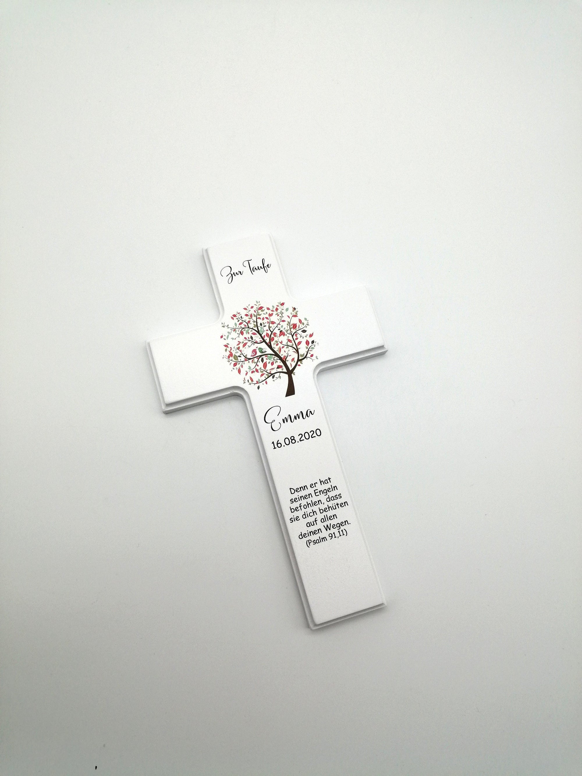 Taufkreuz / Kinderkreuz personalisiert "Baum Vogel rot" Wandkreuz aus Holz