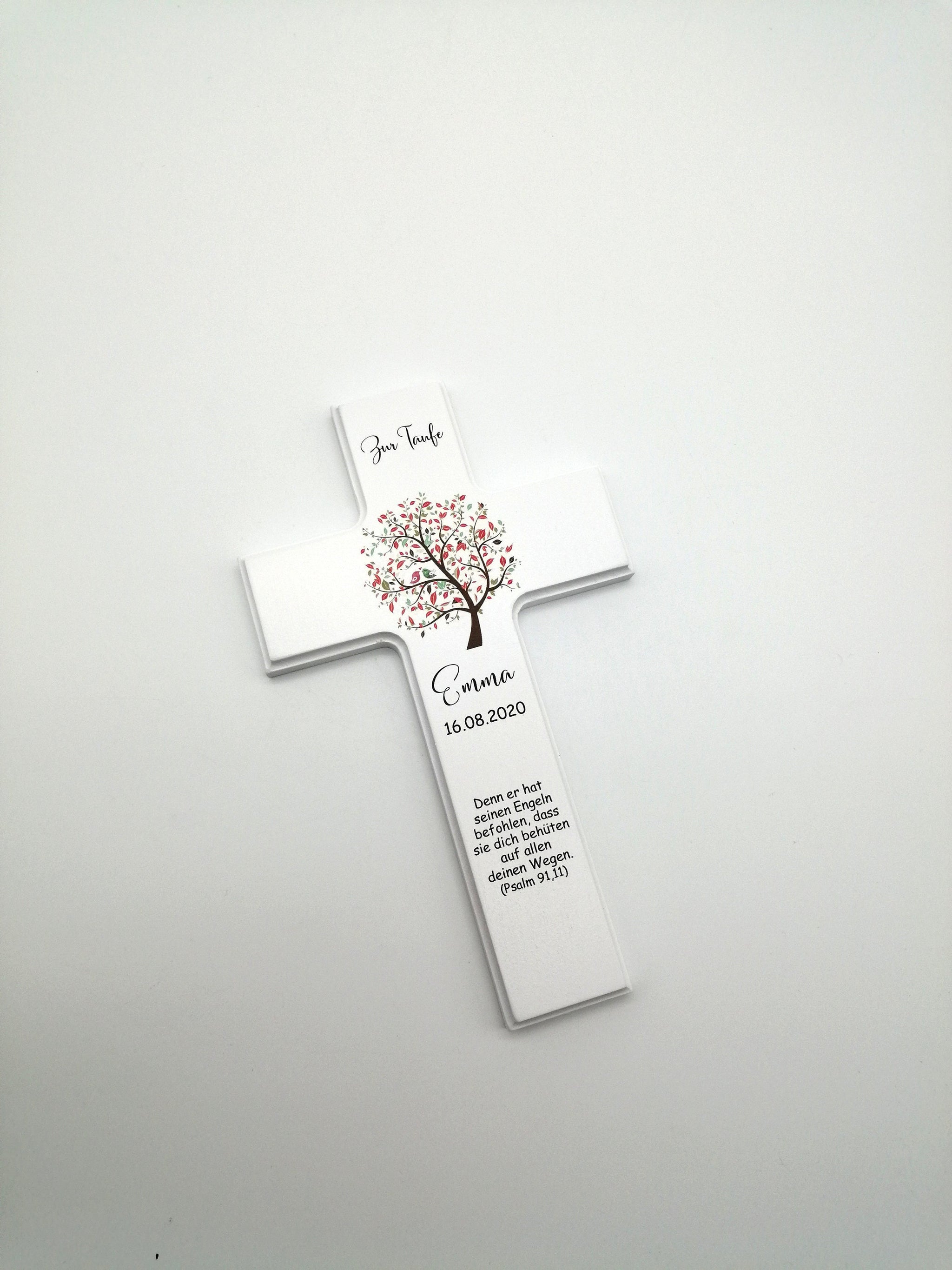 Taufkreuz / Kinderkreuz personalisiert "Baum Vogel rot" Wandkreuz aus Holz