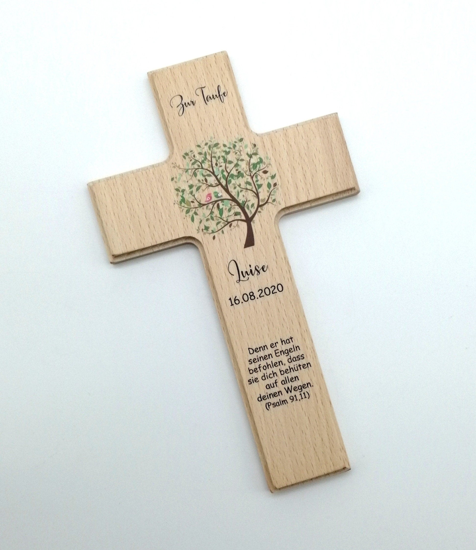 Taufkreuz / Kinderkreuz personalisiert "Baum Vogel grün" Wandkreuz aus Holz, Taufkreuz bedruckt, Kreuz Taufe, Holzkreuz