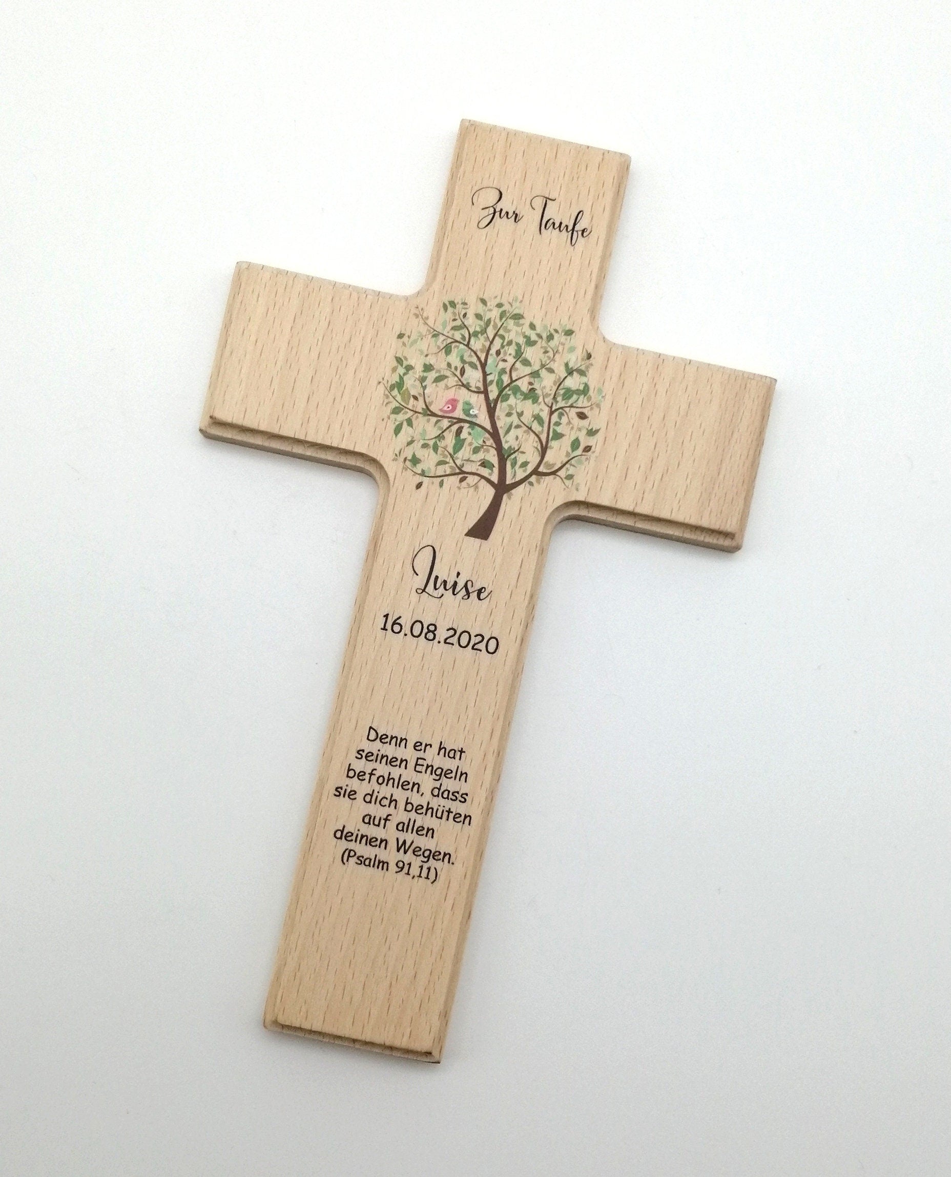 Taufkreuz / Kinderkreuz personalisiert "Baum Vogel grün" Wandkreuz aus Holz, Taufkreuz bedruckt, Kreuz Taufe, Holzkreuz