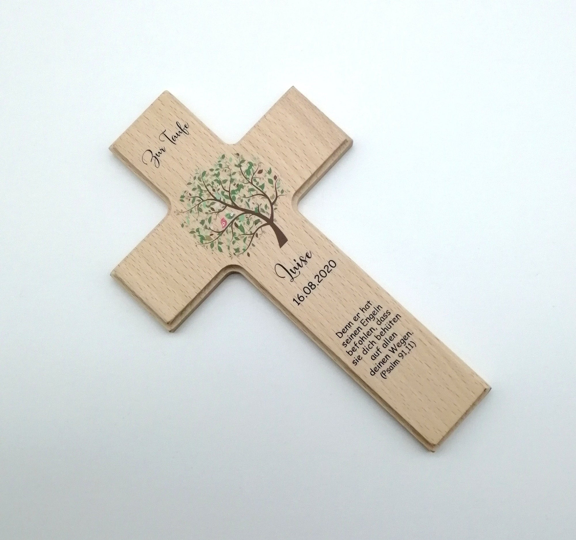 Taufkreuz / Kinderkreuz personalisiert "Baum Vogel grün" Wandkreuz aus Holz, Taufkreuz bedruckt, Kreuz Taufe, Holzkreuz
