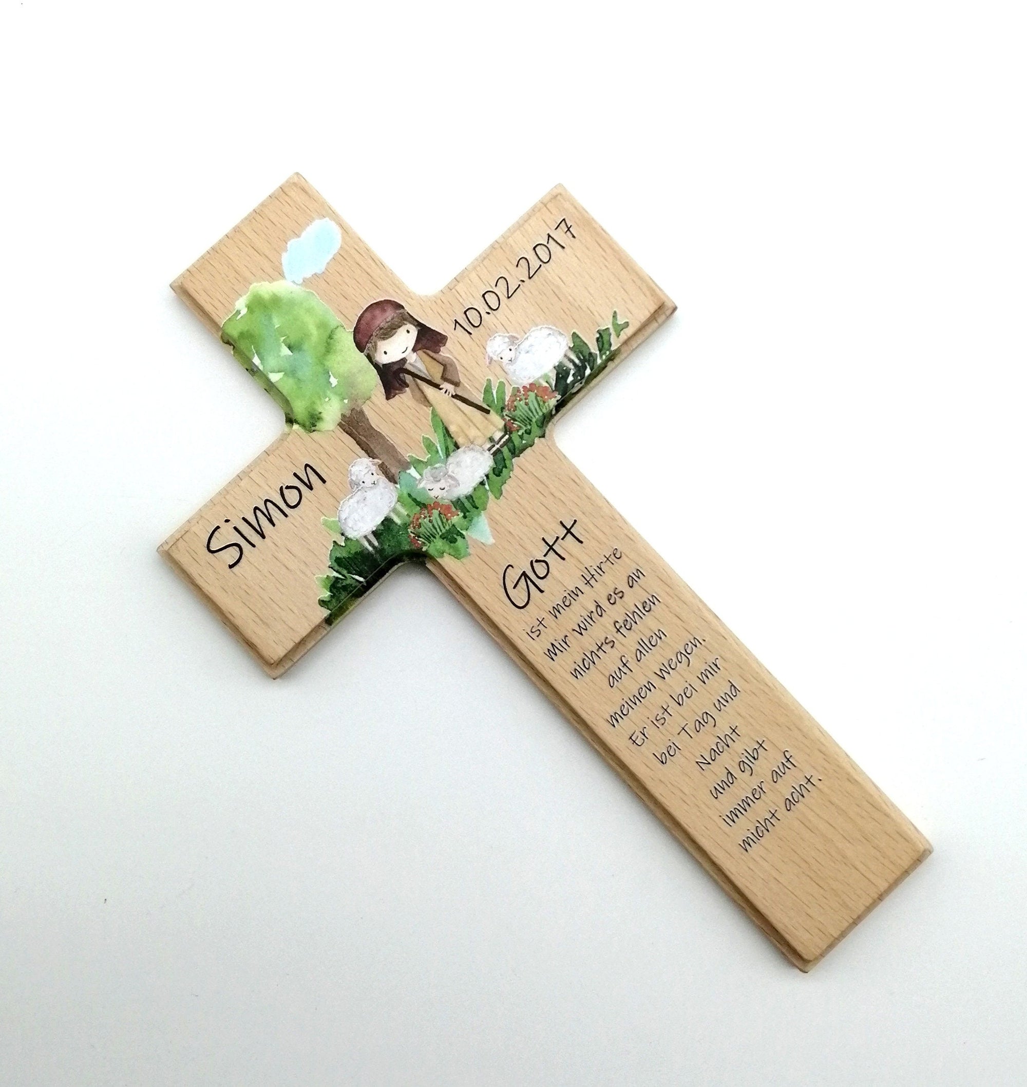 Kinderkreuz / Gebetskreuz personalisiert "Hirte" Wandkreuz aus Holz, Taufkreuz