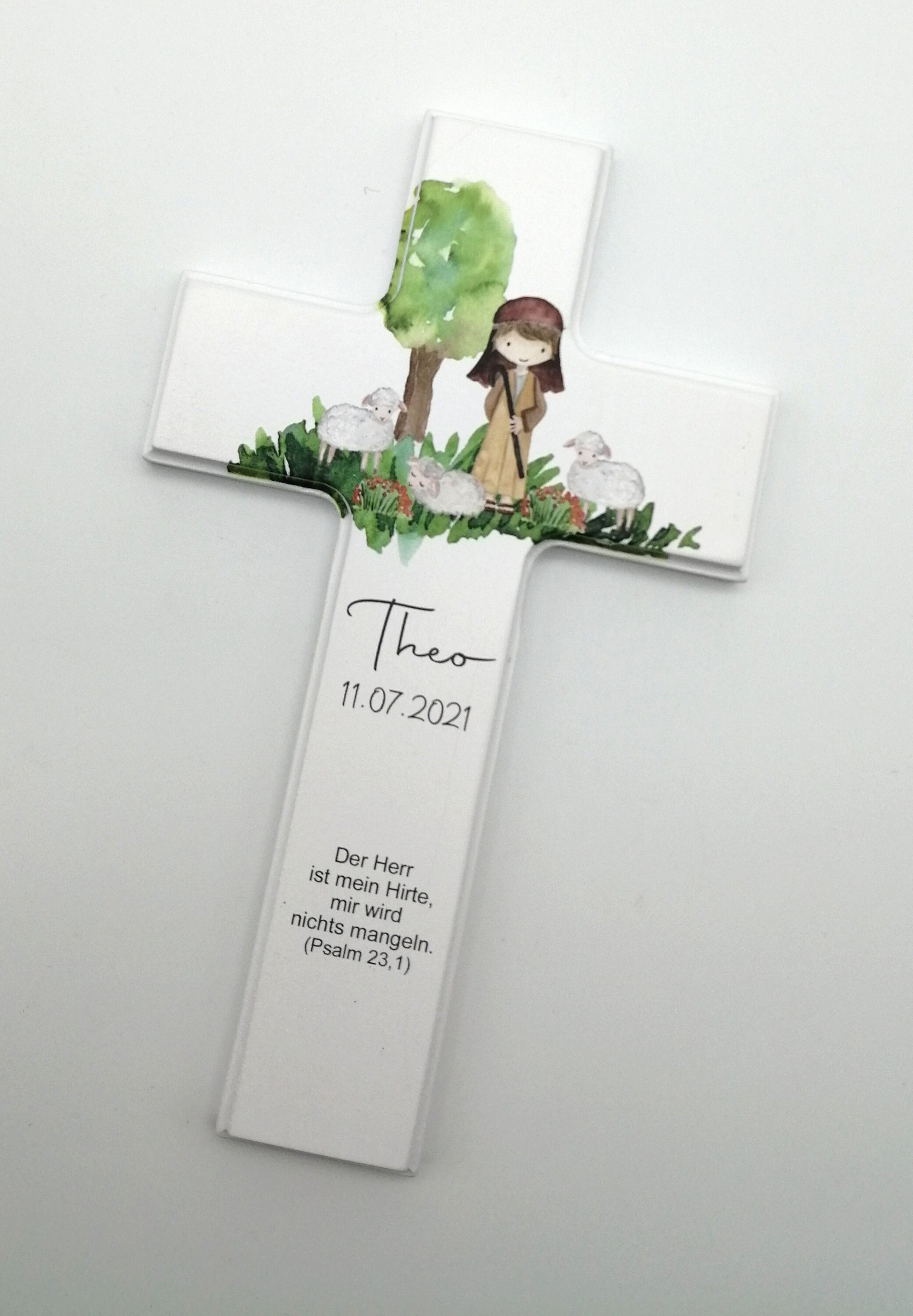 Taufkreuz / Kinderkreuz personalisiert "Hirte" Wandkreuz aus Holz