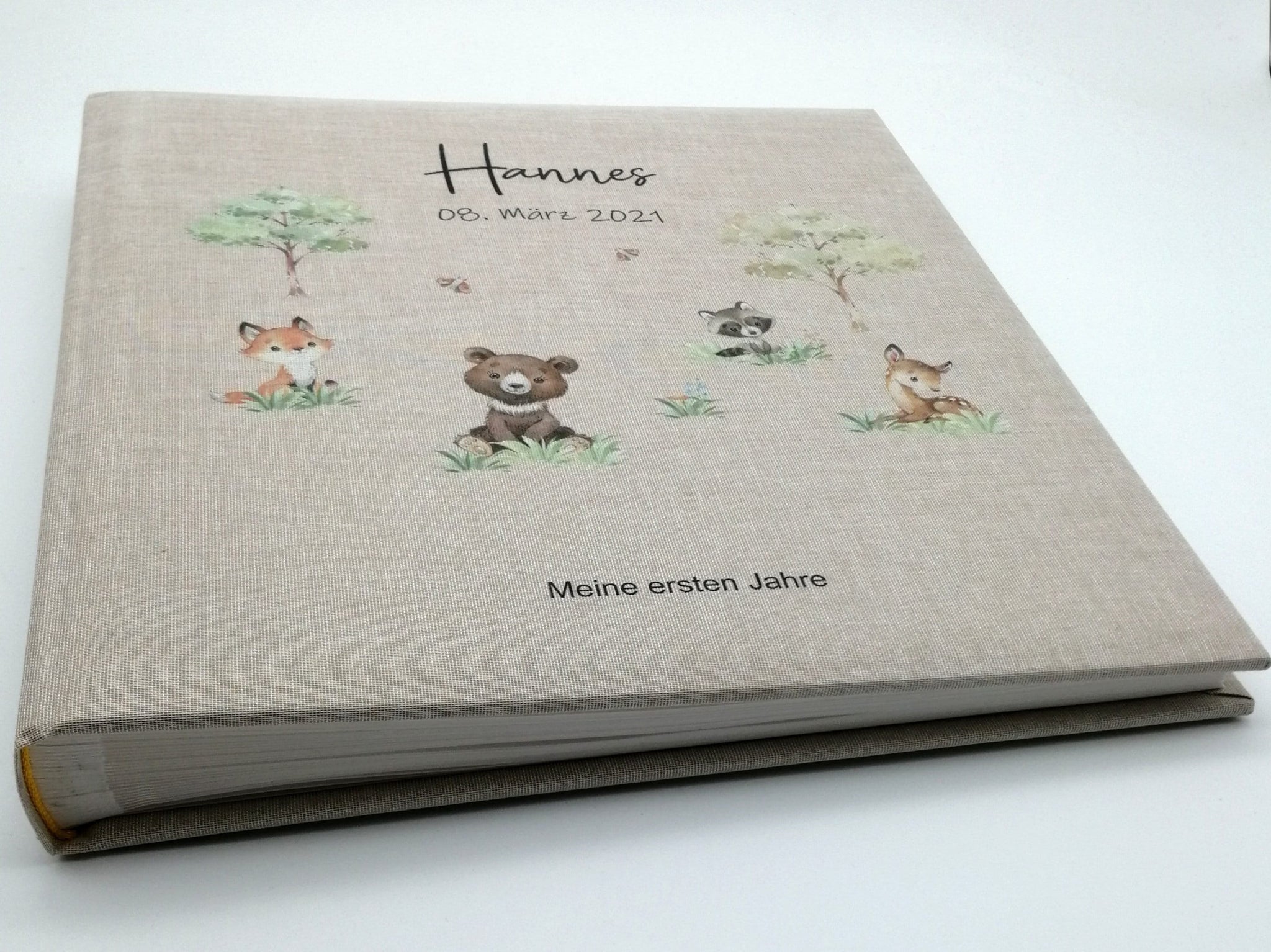 Fotoalbum personalisiert Baby, Kind "Waldtiere" Leinen, Erinnerungsalbum