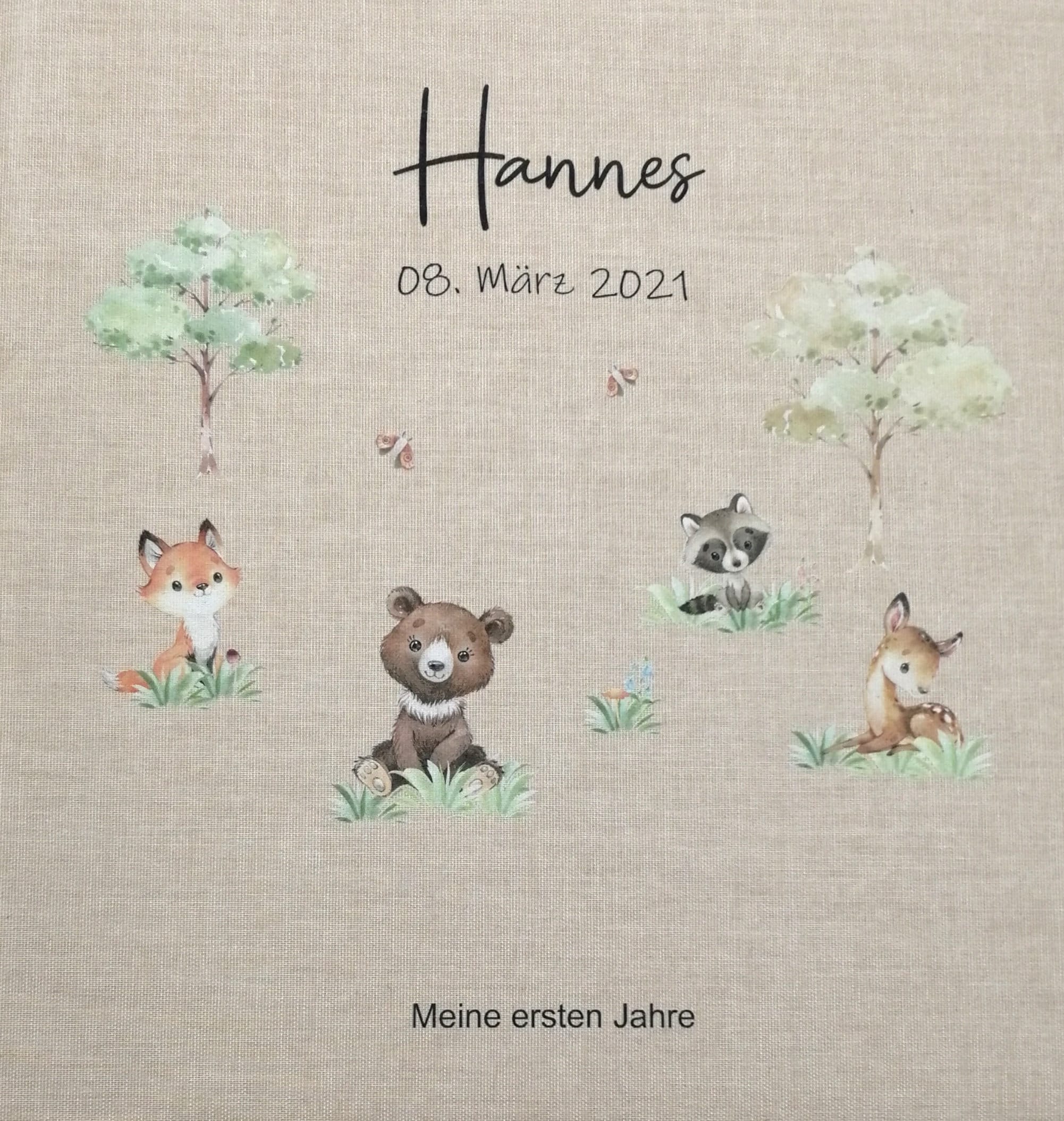 Fotoalbum personalisiert Baby, Kind "Waldtiere" Leinen, Erinnerungsalbum