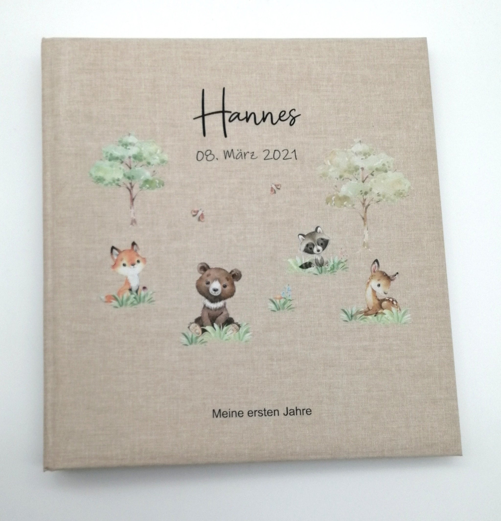 Fotoalbum personalisiert Baby, Kind "Waldtiere" Leinen, Erinnerungsalbum