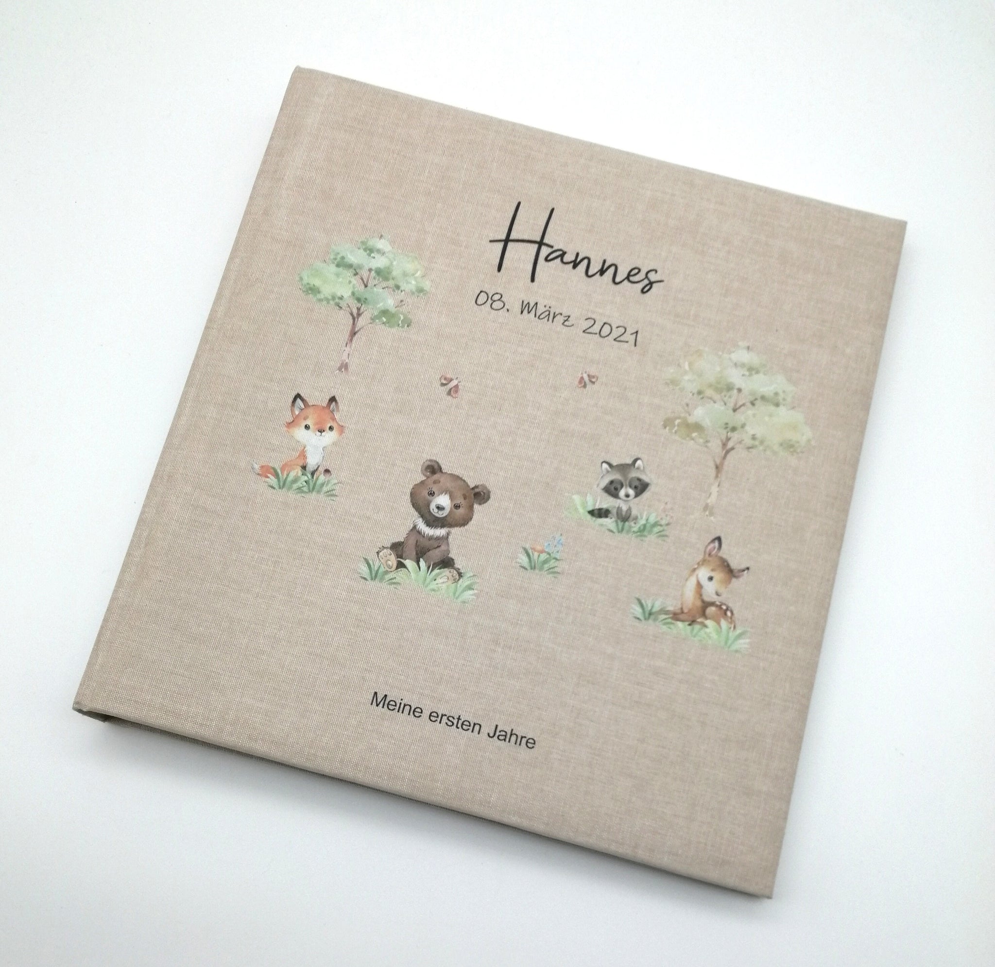 Fotoalbum personalisiert Baby, Kind "Waldtiere" Leinen, Erinnerungsalbum