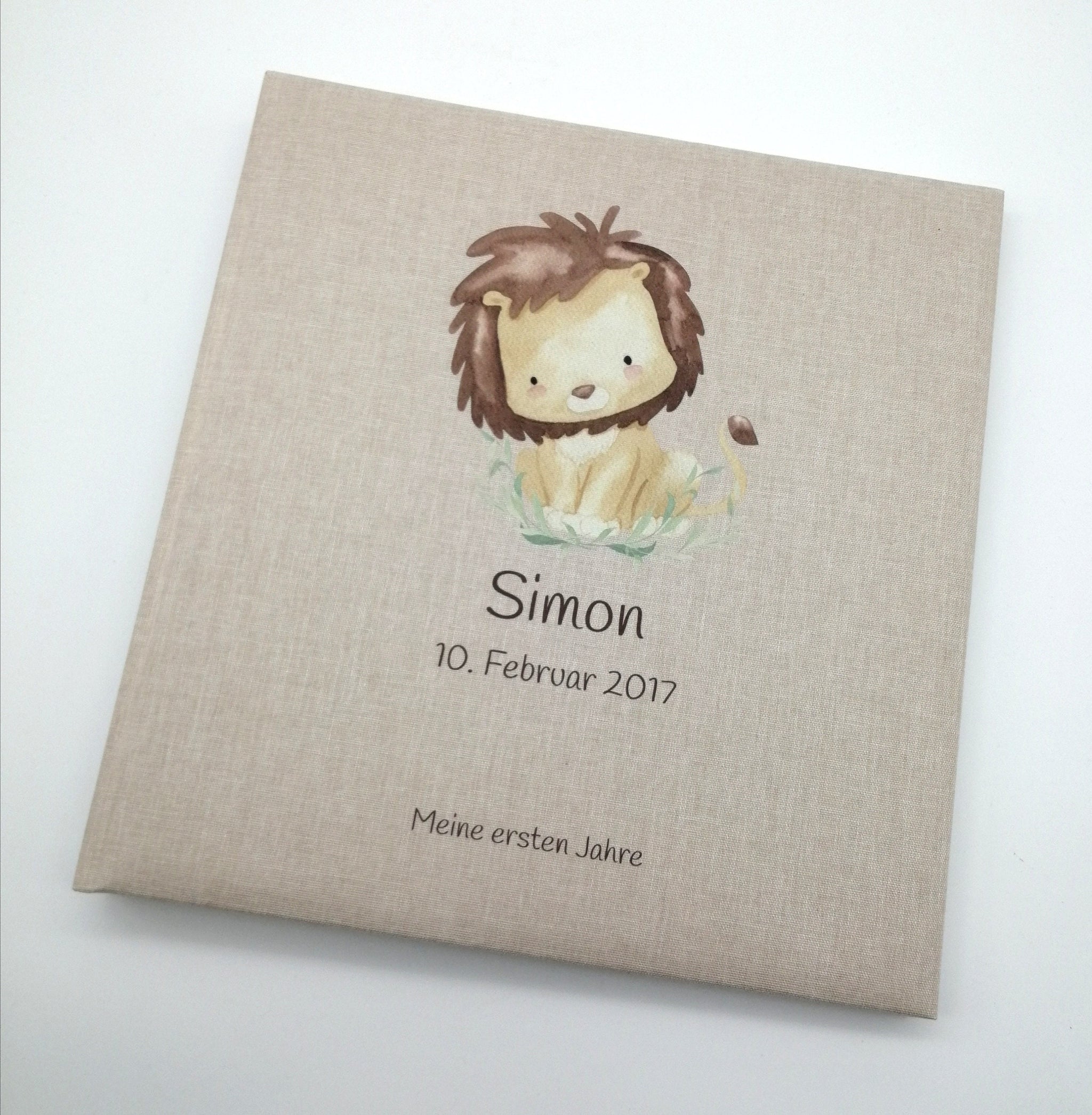 Fotoalbum personalisiert Baby, Kind "Löwe" Leinen, Erinnerungsalbum