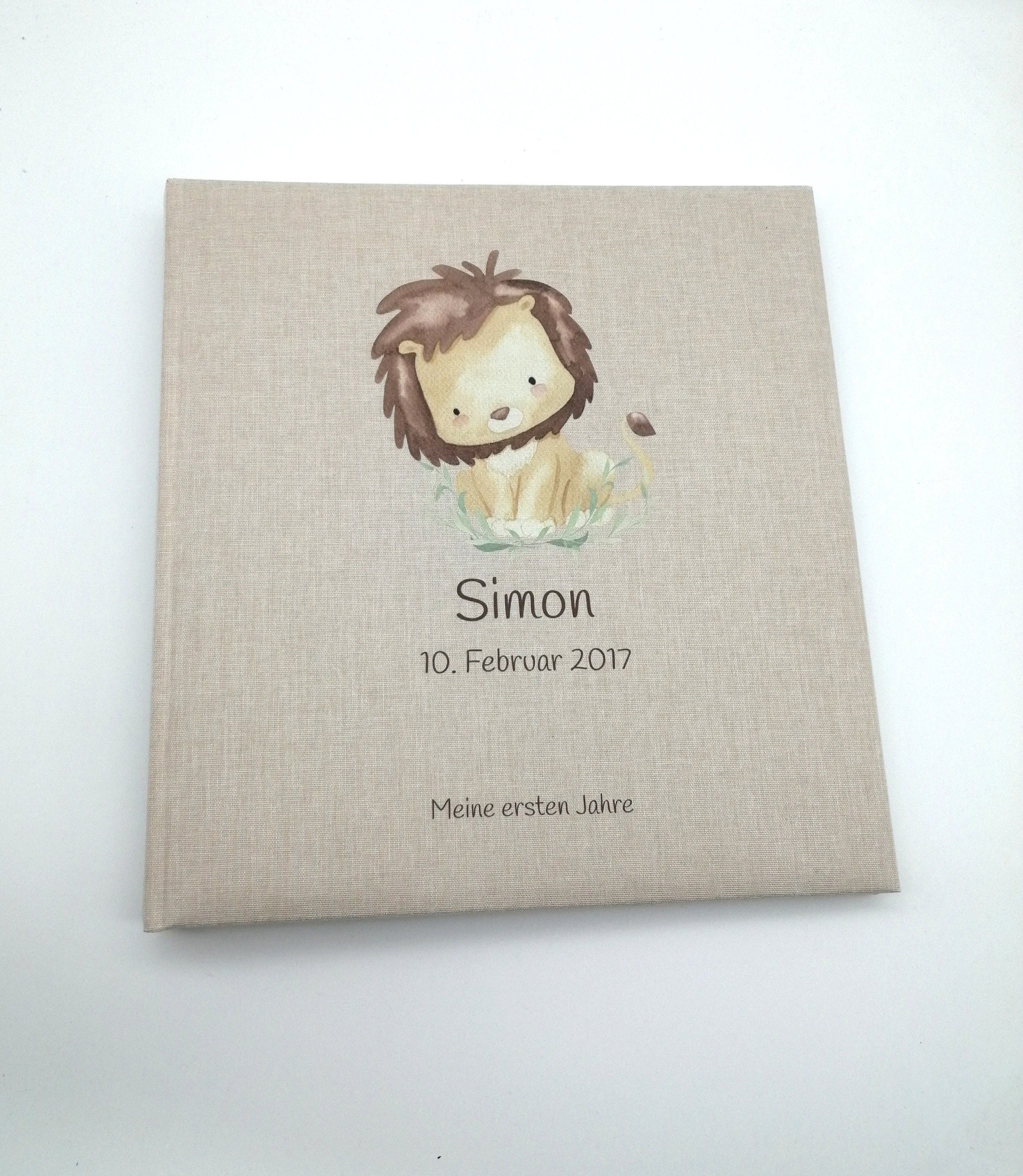 Fotoalbum personalisiert Baby, Kind "Löwe" Leinen, Erinnerungsalbum
