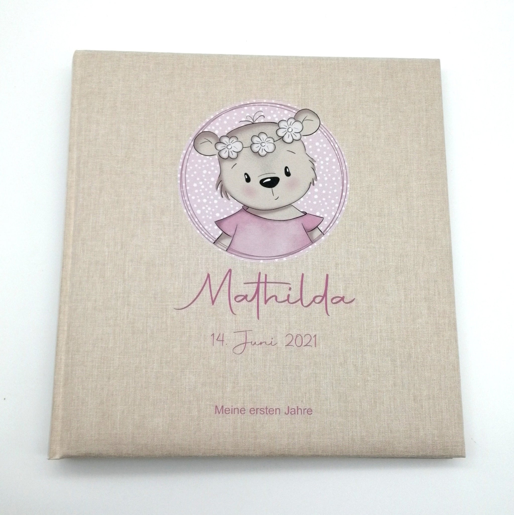 Fotoalbum personalisiert Baby, Kind "Bärli" Leinen, Erinnerungsalbum