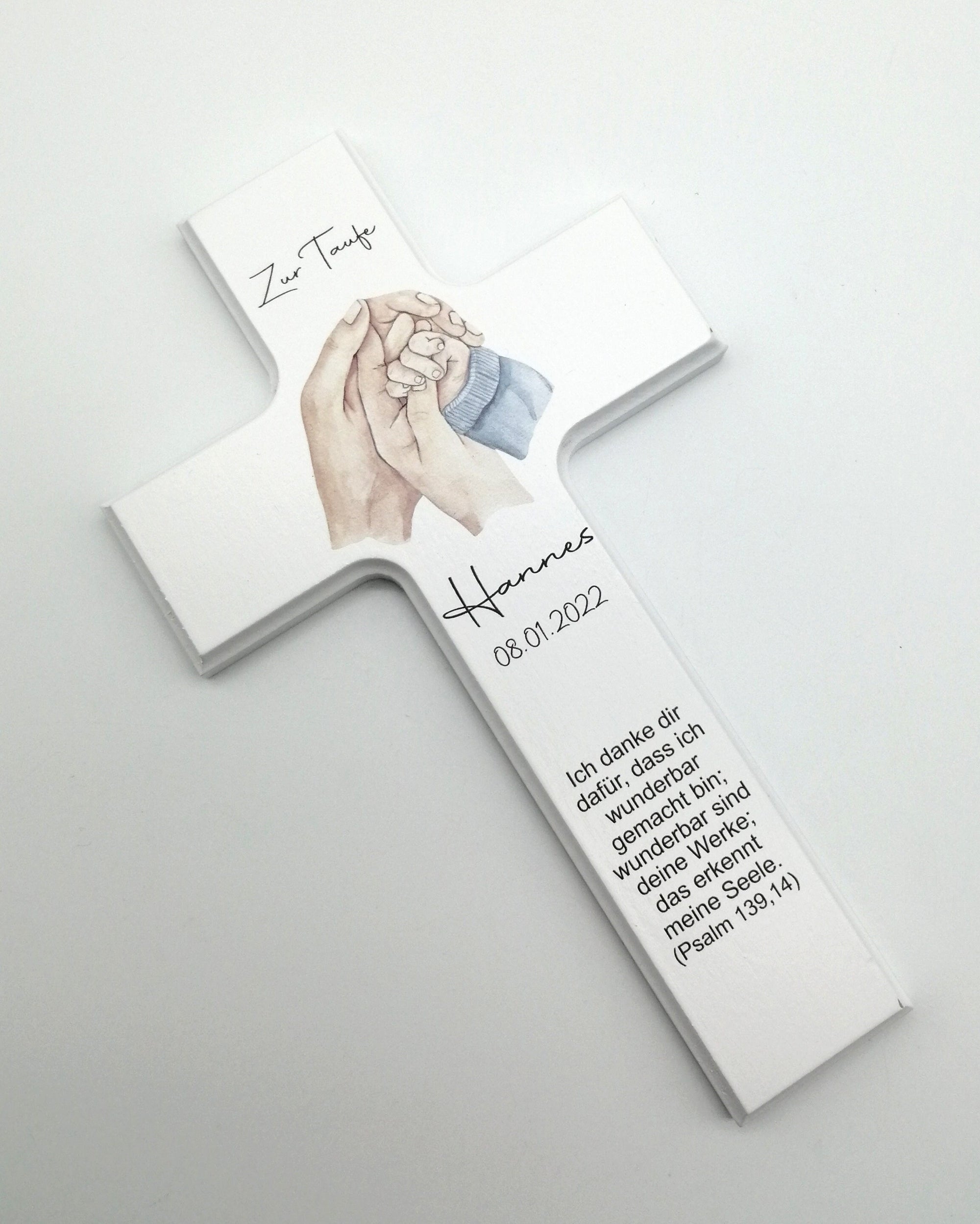Taufkreuz / Kinderkreuz personalisiert "Hände blau" Wandkreuz aus Holz