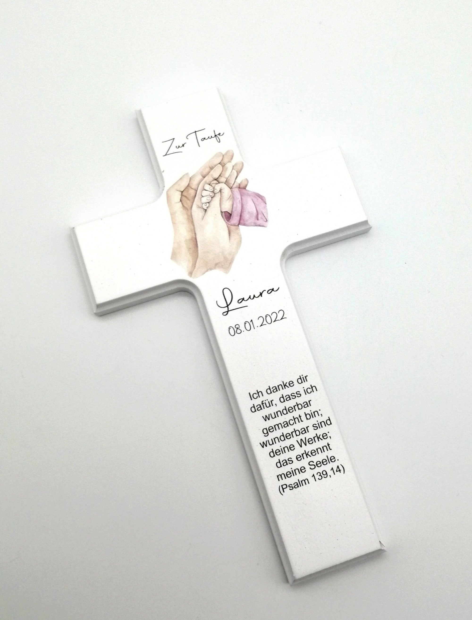 Taufkreuz / Kinderkreuz personalisiert "Hände rosa" Wandkreuz aus Holz