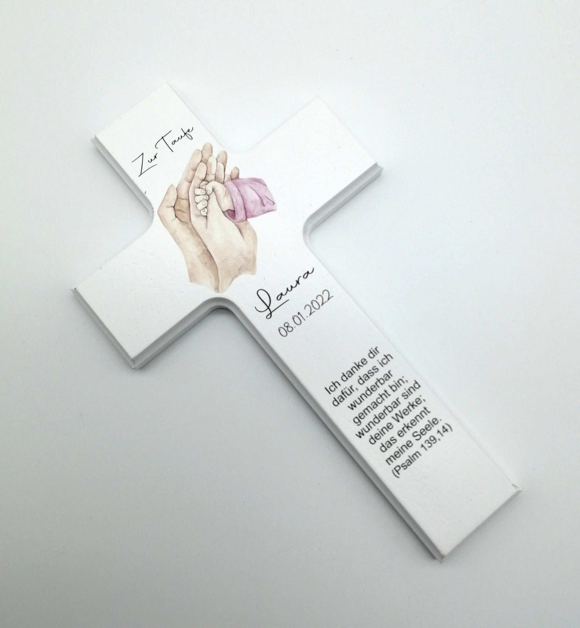 Taufkreuz / Kinderkreuz personalisiert "Hände rosa" Wandkreuz aus Holz