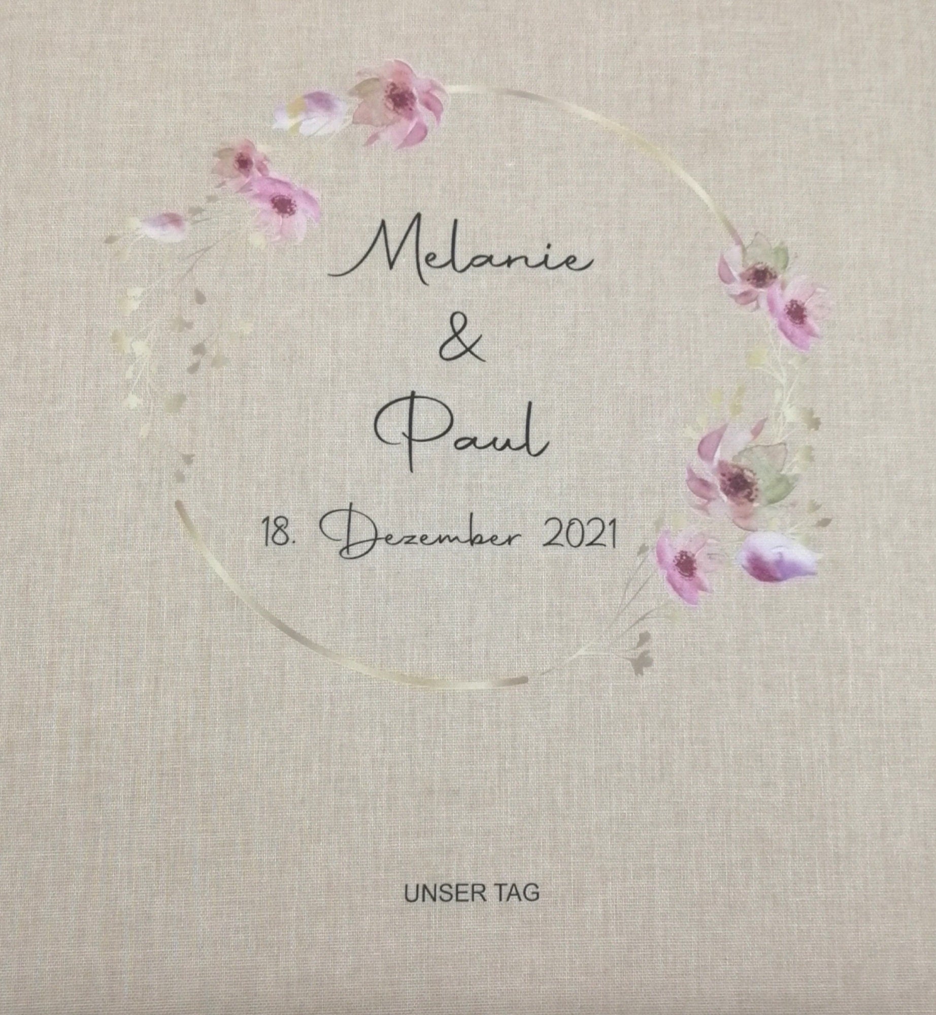 Fotoalbum personalisiert Hochzeit "Rahmen Blume" Leinen, Erinnerungsalbum