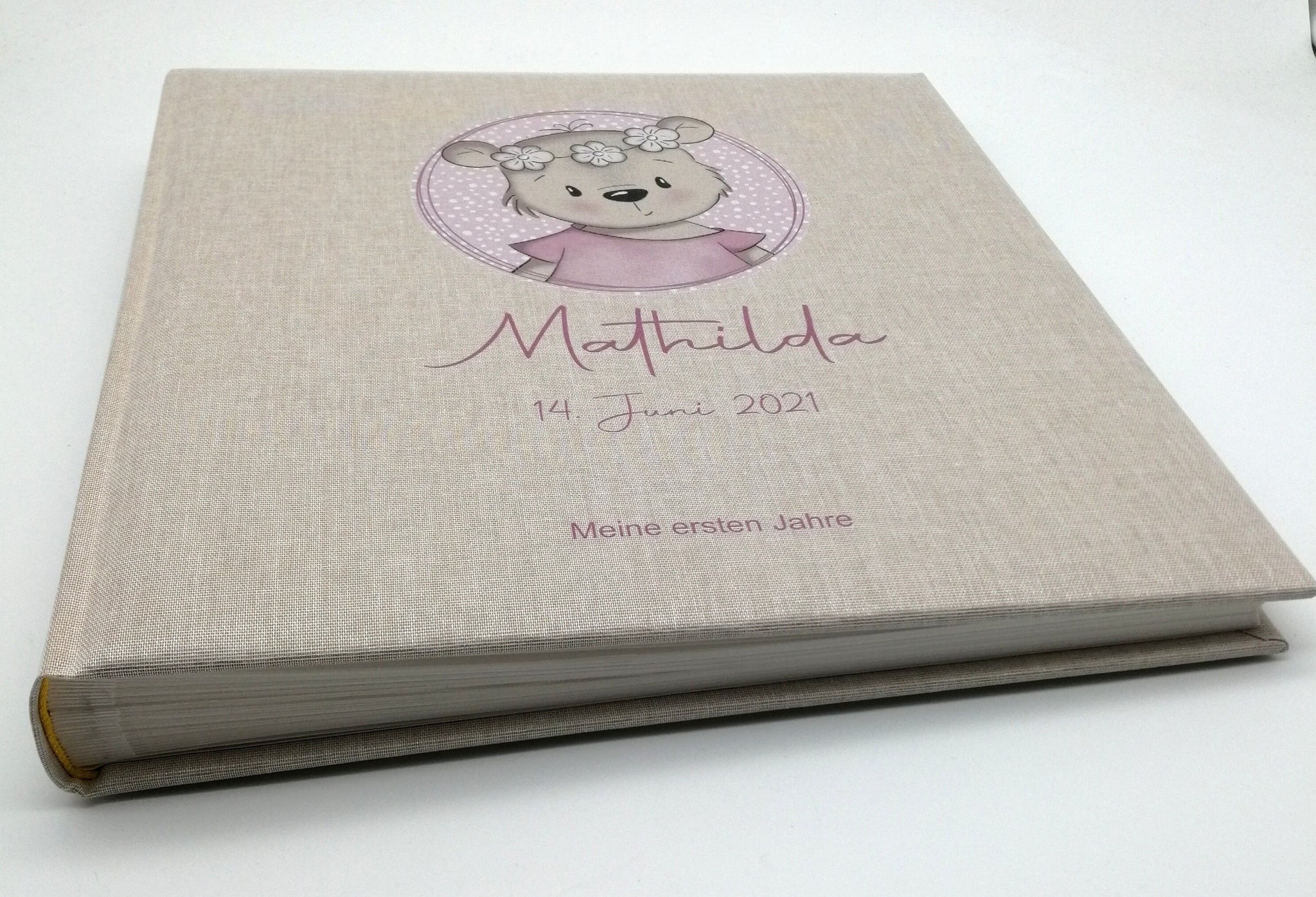 Fotoalbum personalisiert Baby, Kind "Bärli" Leinen, Erinnerungsalbum