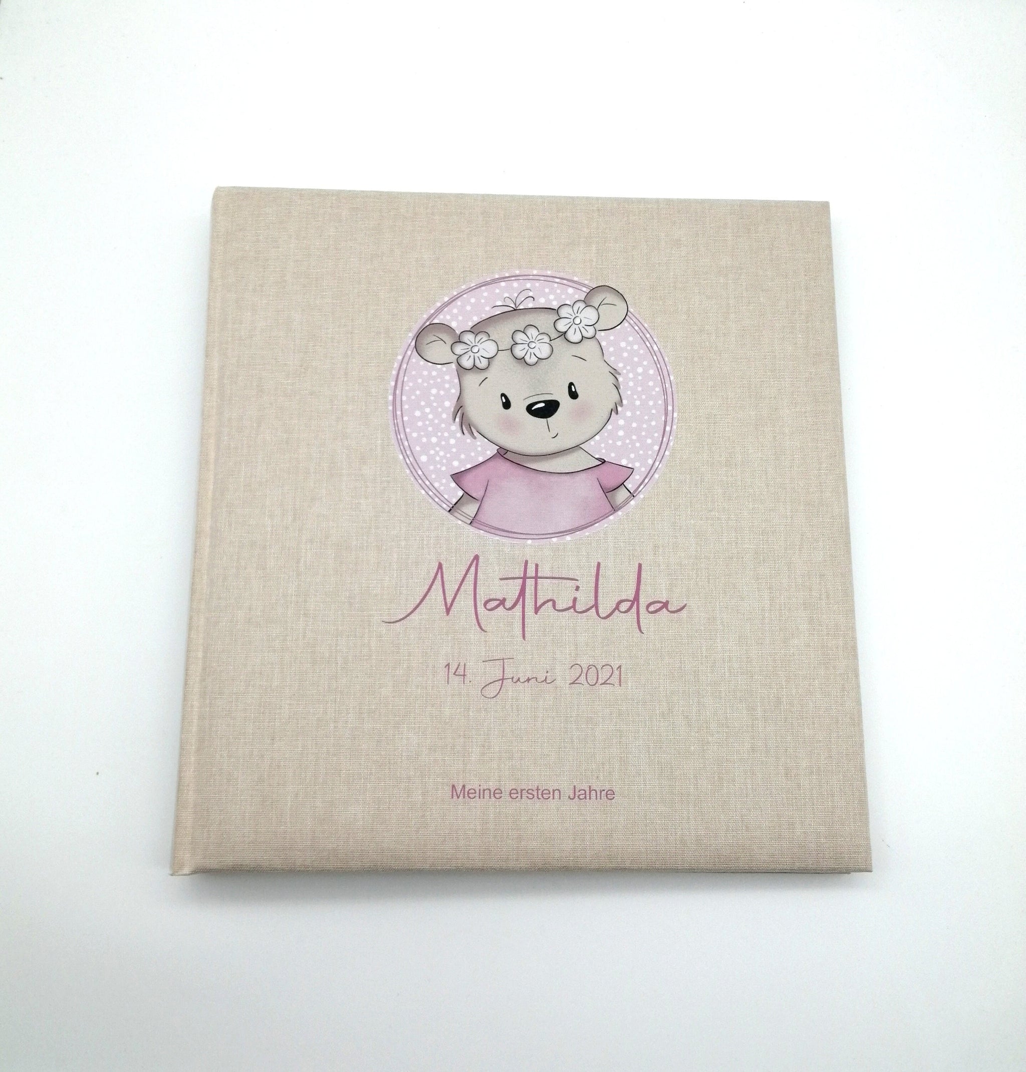 Fotoalbum personalisiert Baby, Kind "Bärli" Leinen, Erinnerungsalbum